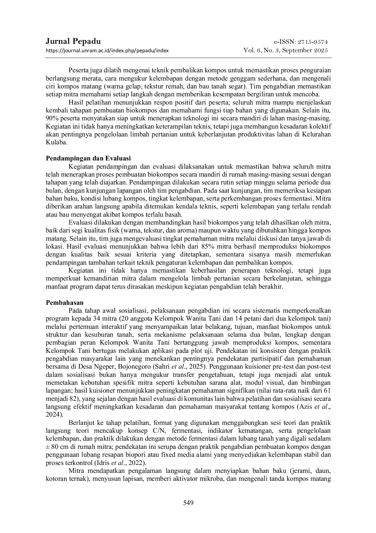 JURIS Pemanfaatan Biokompos dari Limbah Pertanian untuk Meningkatkan Kesuburan Lahan Pertanian di Kelurahan Kulaba