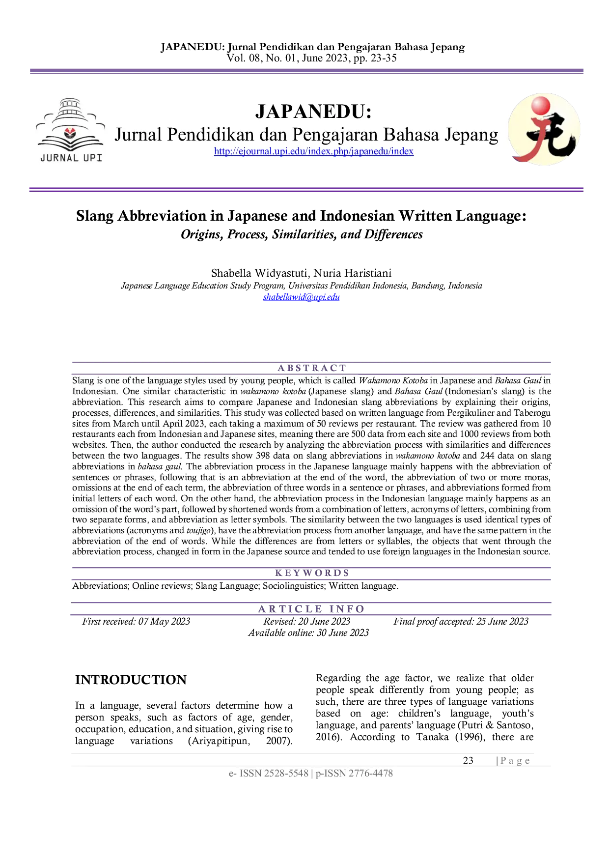 JURIS Slang Abbreviation in Japanese and Indonesian Written Language Origins Process Similarities and Differences