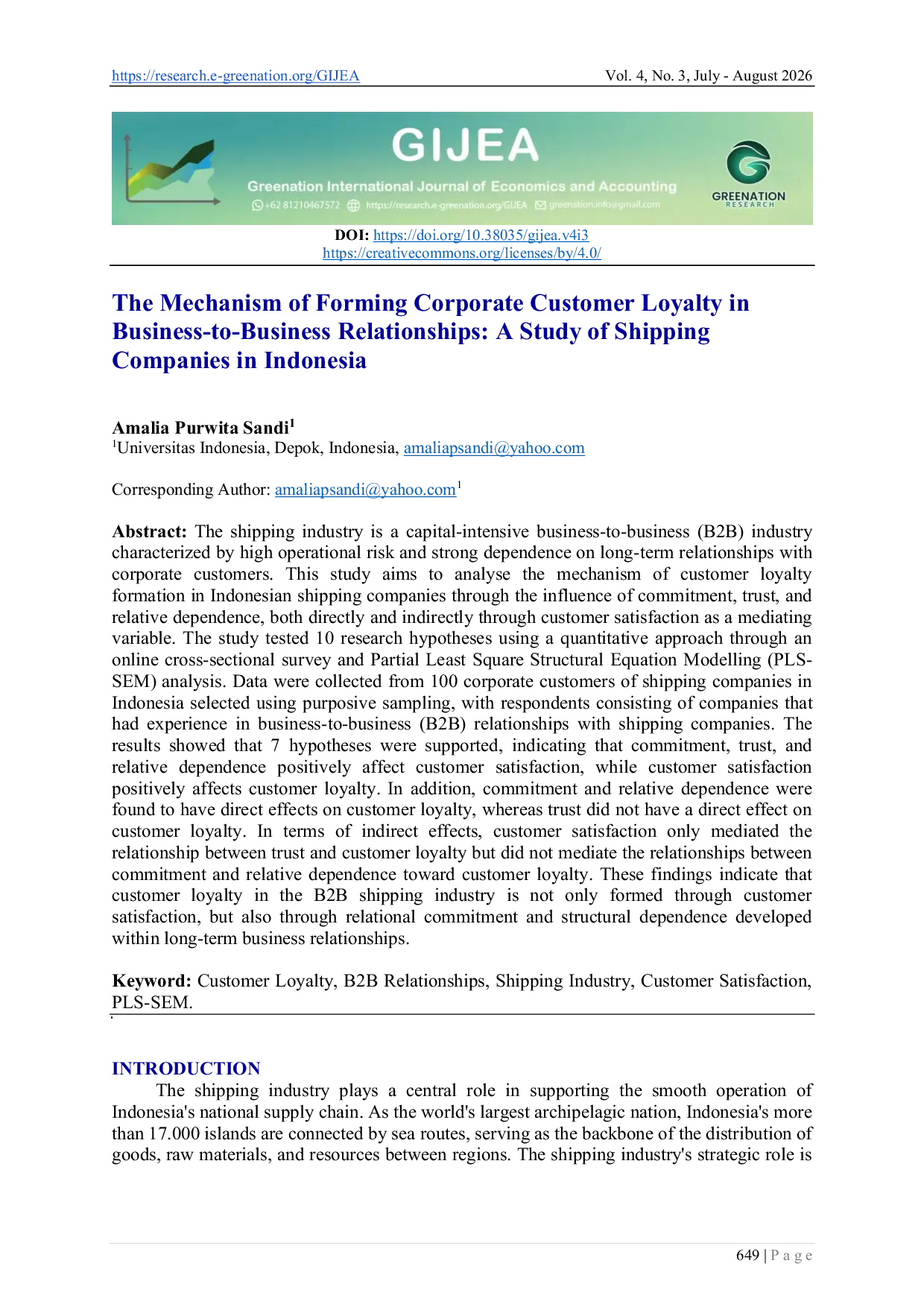 JURIS The Mechanism of Forming Corporate Customer Loyalty in Business to Business Relationships A Study of Shipping Companies in Indonesia
