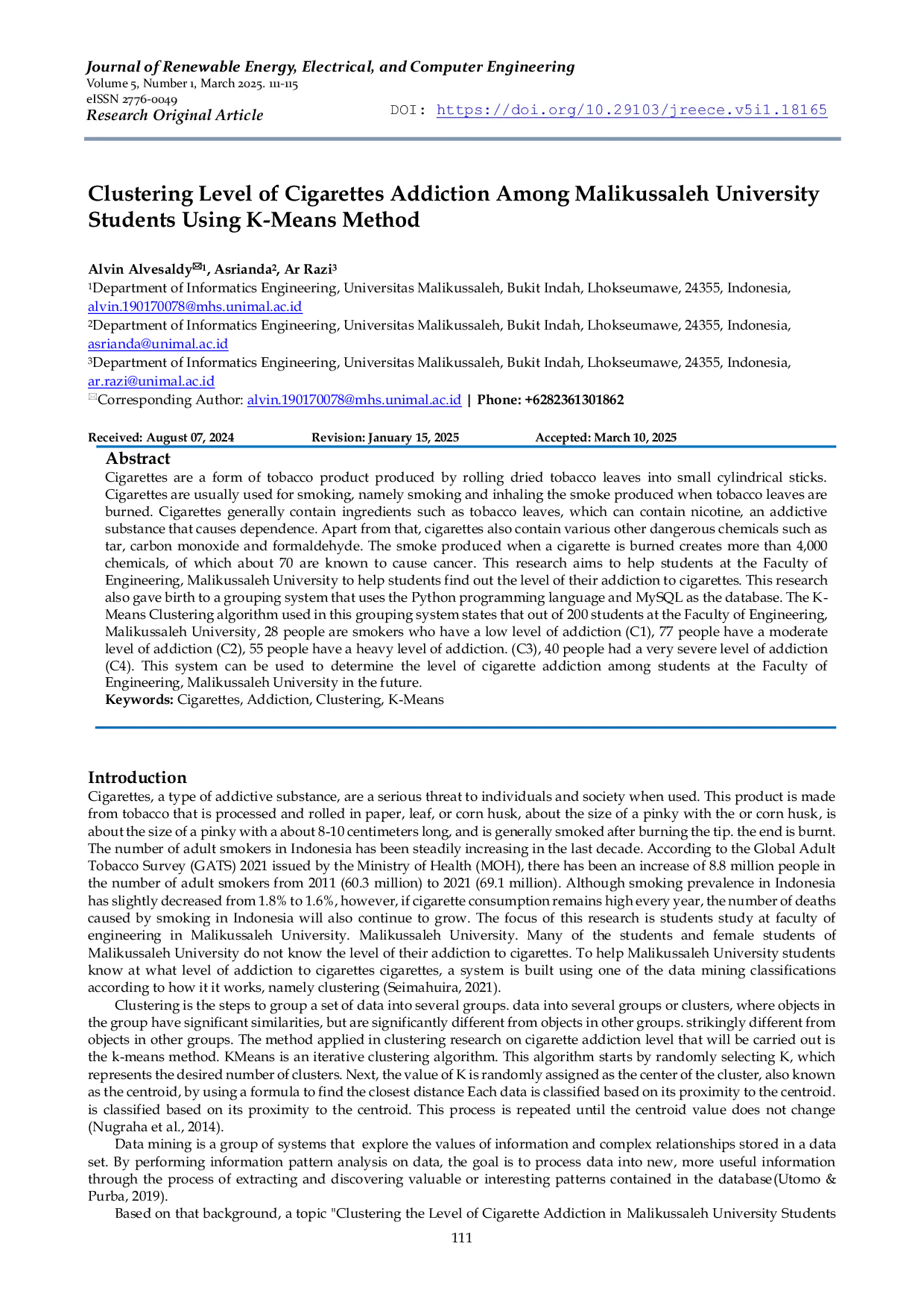 JURIS Clustering Level of Cigarettes Addiction Among Malikussaleh University Students Using K Means Method