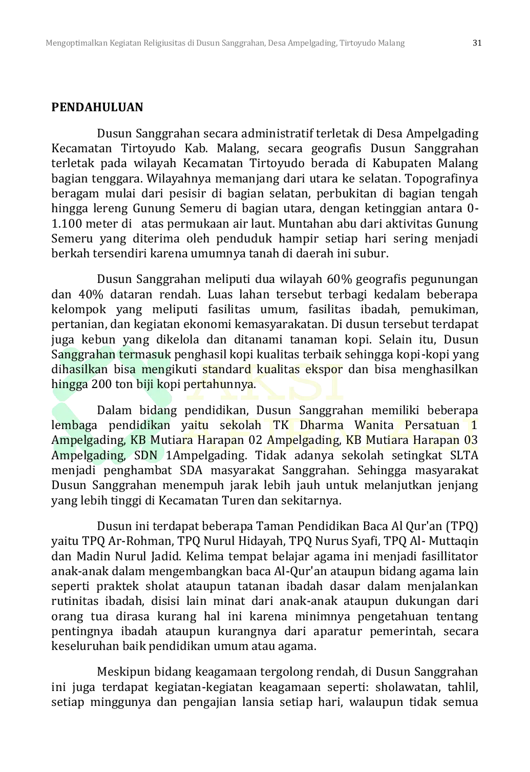 JURIS Mengoptimalkan Efektivitas Kegiatan Keagamaan di Dusun Sanggrahan Ampelgading Tirtoyudo