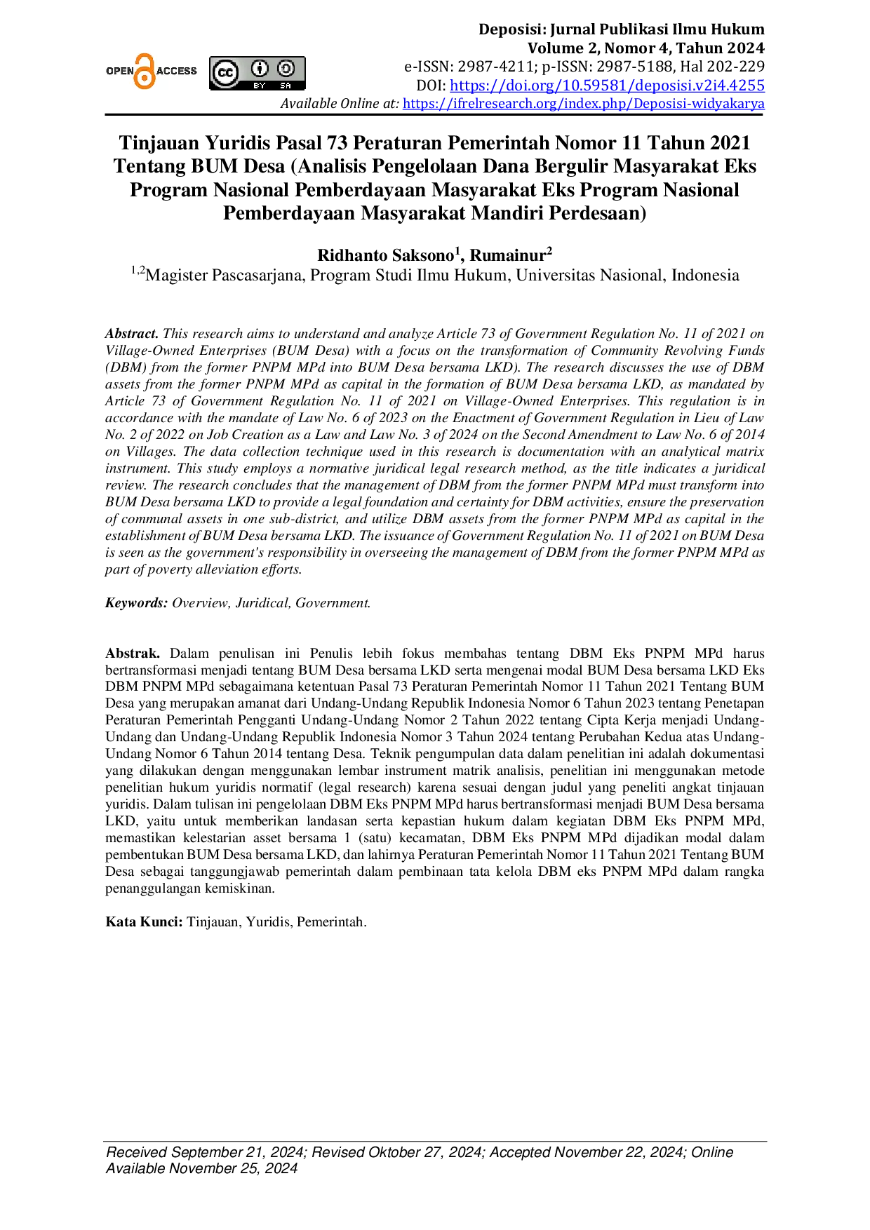 JURIS Tinjauan Yuridis Pasal 73 Peraturan Pemerintah Nomor 11 Tahun 2021 Tentang BUM Desa Analisis Pengelolaan Dana Bergulir Masyarakat Eks Program Nasional Pemberdayaan Masyarakat Eks Program Nasional P