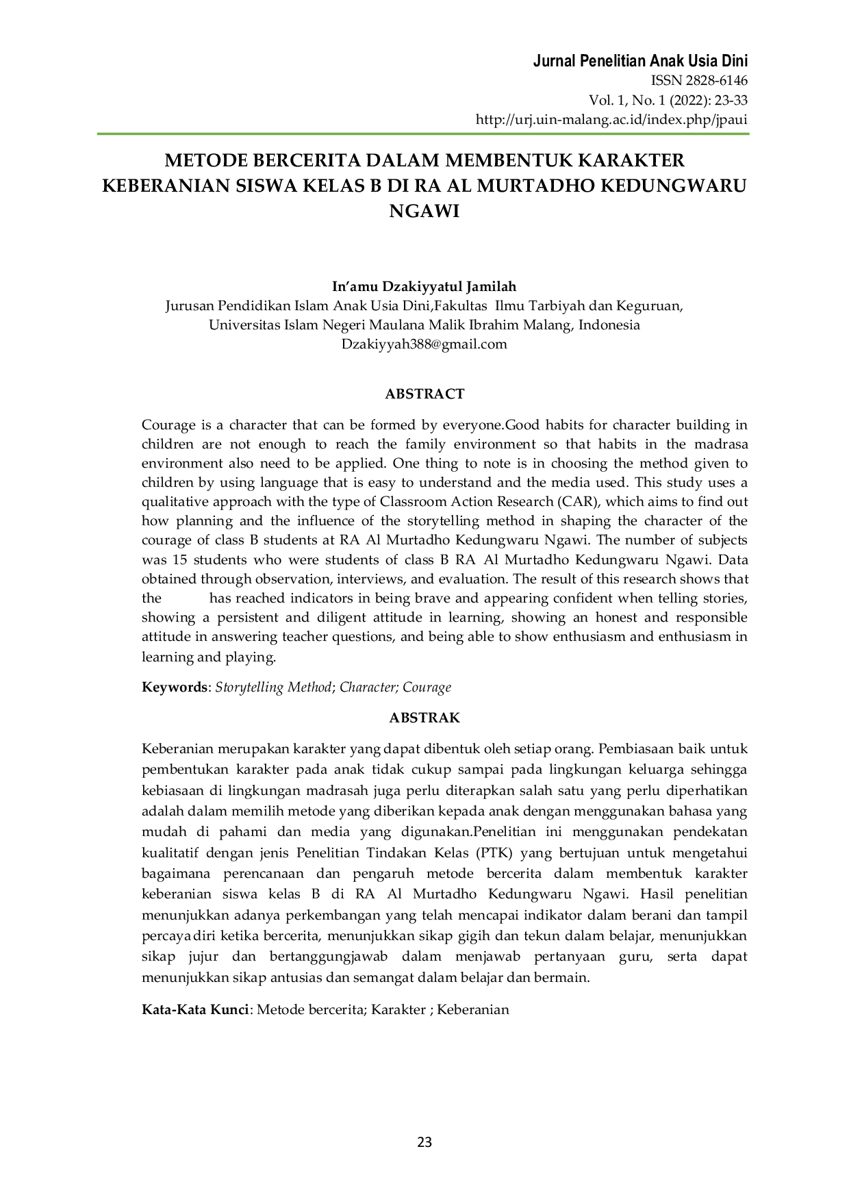 JURIS Metode Bercerita dalam Membentuk Karakter Keberanian Siswa Kelas B di RA Al Murtadho Kedungwaru Ngawi