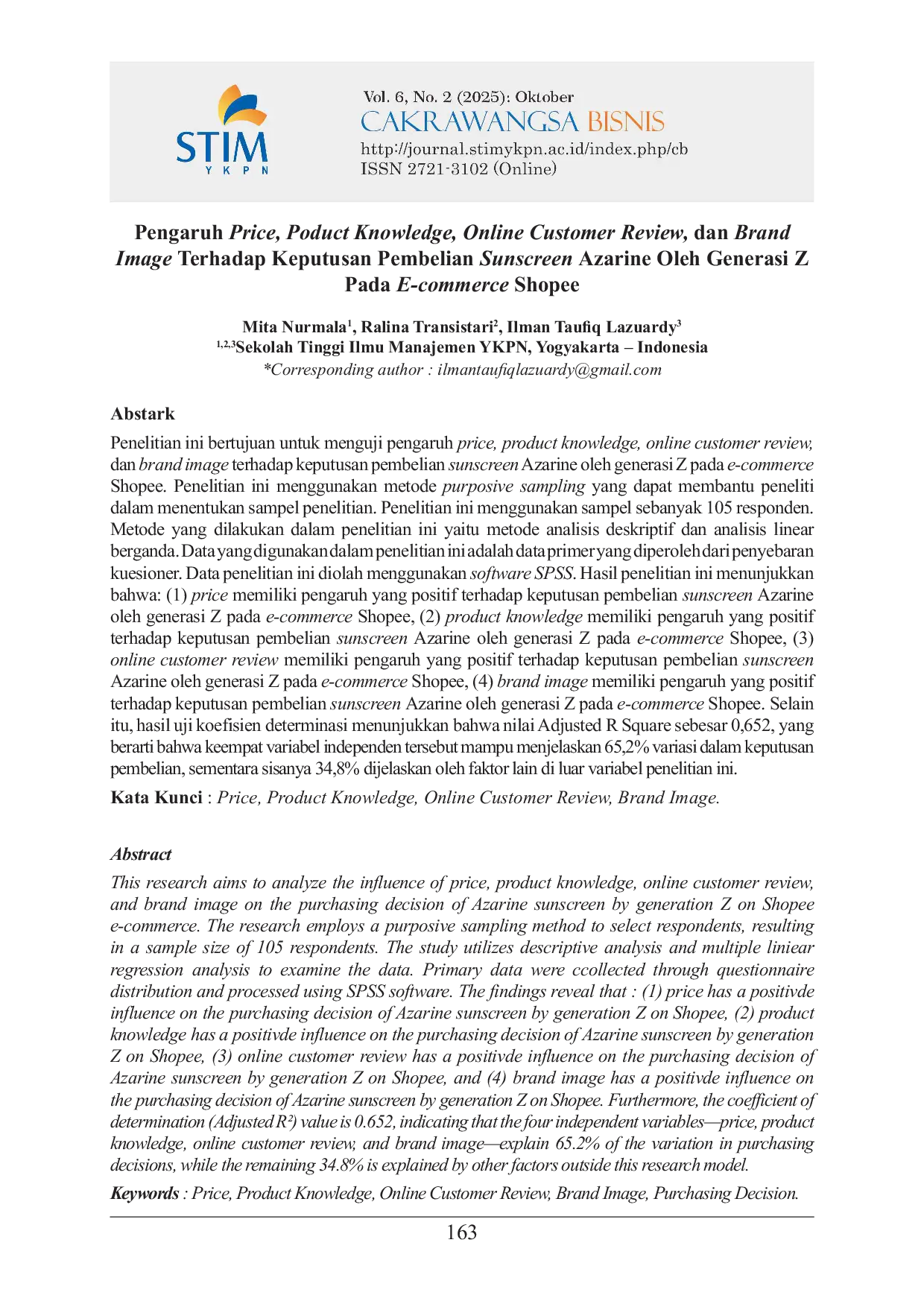 JURIS Pengaruh Price Poduct Knowledge Online Customer Review dan Brand Image terhadap Pembelian Sunscreen Azarine oleh Generasi Z pada E commerce Shopee