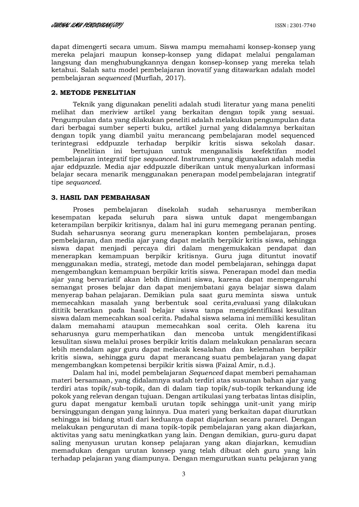 JURIS Merancang Pembelajaran Model Sequenced Terintegrasi Eddpuzzle Terhadap Berpikir Kritis Siswa Sekolah Dasar