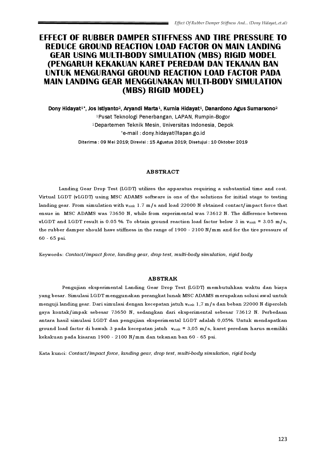 juris Effect Of Rubber Damper Stiffness And Tire Pressure To Reduce Ground Reaction Load Factor On Main Landing Gear Using Multi Body Simulation MBS Rigid Model