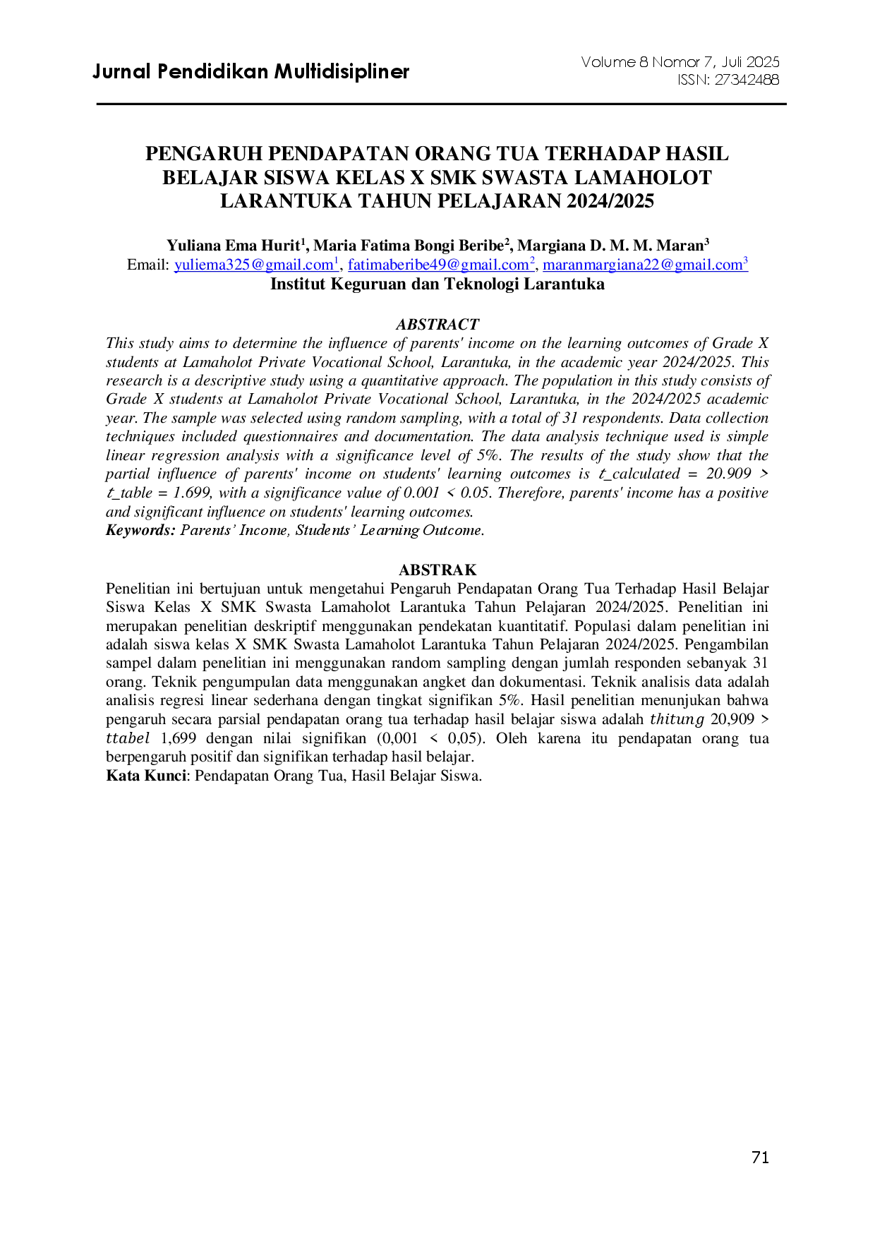 juris Pengaruh Pendapatan Orang Tua Terhadap Hasil Belajar Siswa Kelas X Smk Swasta Lamaholot Larantuka Tahun Pelajaran 2024 2025