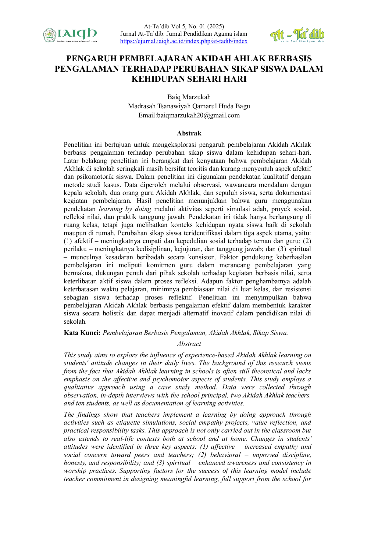 JURIS Pengaruh Pembelajaran Akidah Ahlak Berbasis Pengalaman Terhadap Perubahan Sikap Siswa dalam Kehidupan Sehari Hari