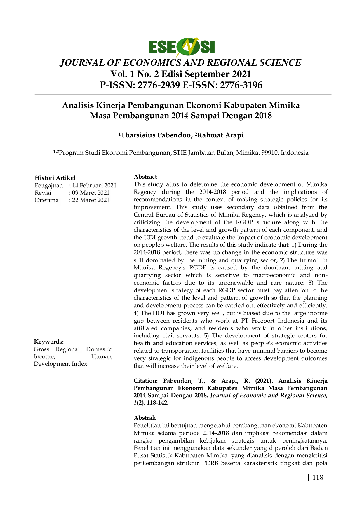 JURIS Analisis Kinerja Pembangunan Ekonomi Kabupaten Mimika Masa Pembangunan 2014 Sampai Dengan 2018