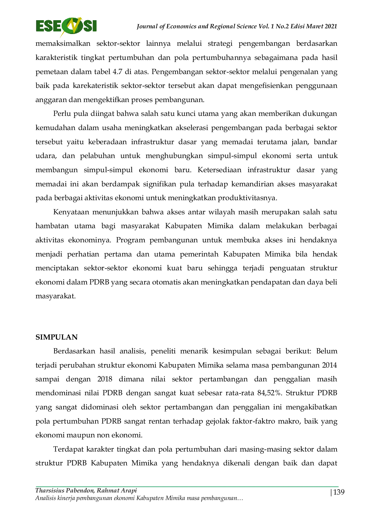 JURIS Analisis Kinerja Pembangunan Ekonomi Kabupaten Mimika Masa Pembangunan 2014 Sampai Dengan 2018