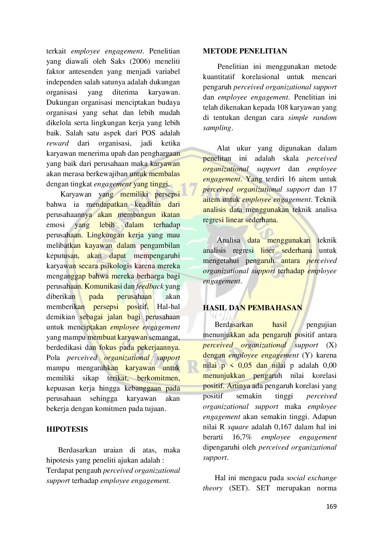 JURIS Pengaruh Perceived Organizational Support Terhadap Employee Engagement Pada Karyawan