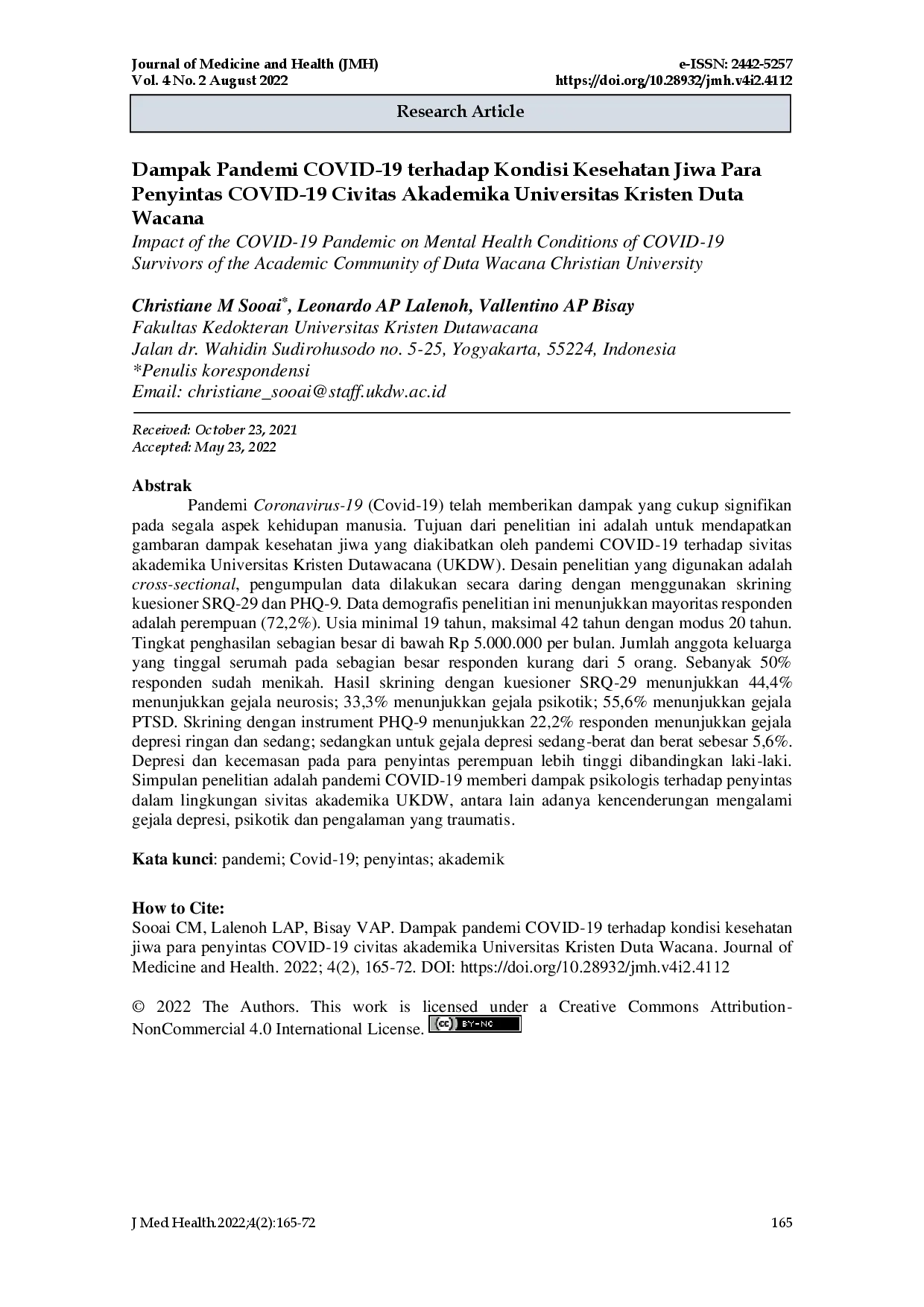 juris Dampak Pandemi COVID 19 terhadap Kondisi Kesehatan Jiwa Para Penyintas COVID 19 Civitas Akademika Universitas Kristen Duta Wacana