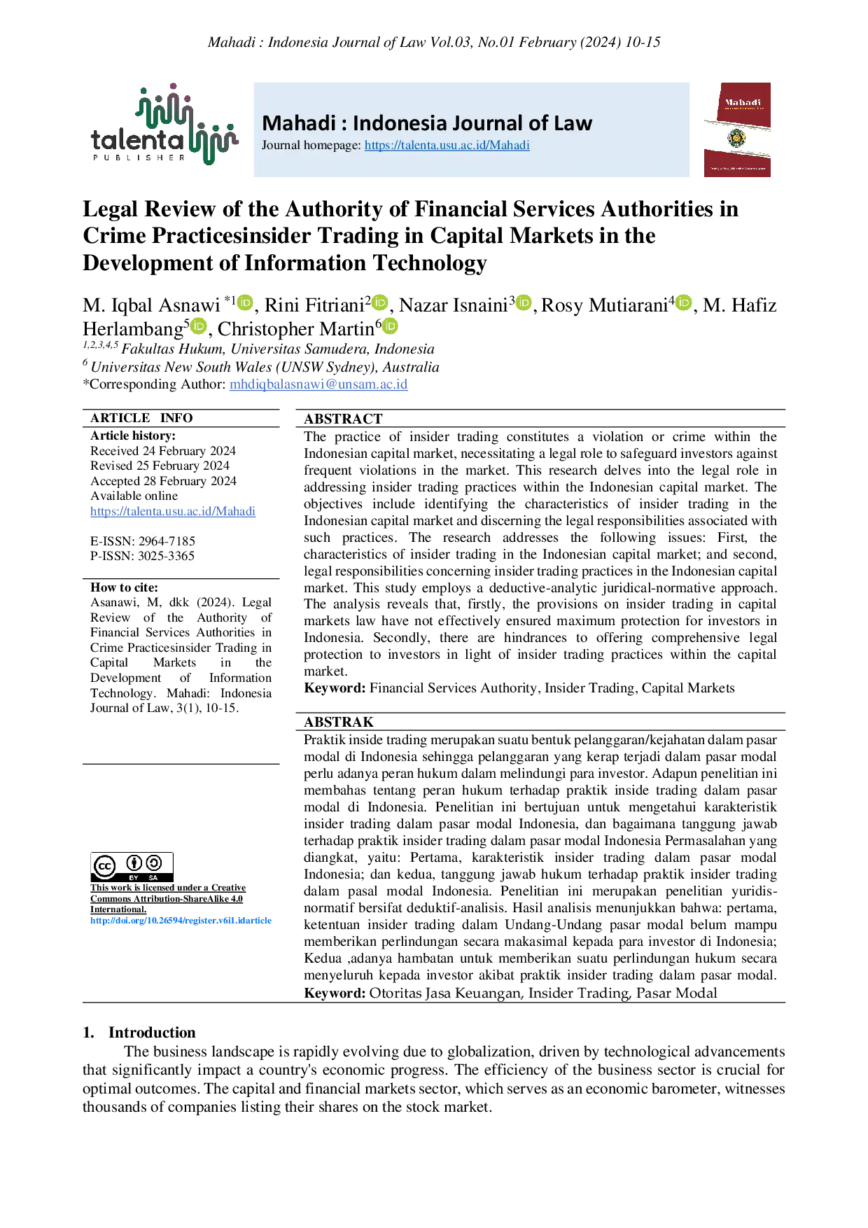 JURIS Legal Review of the Authority of Financial Services Authorities in Crime Practicesinsider Trading in Capital Markets in the Development of Information Technology