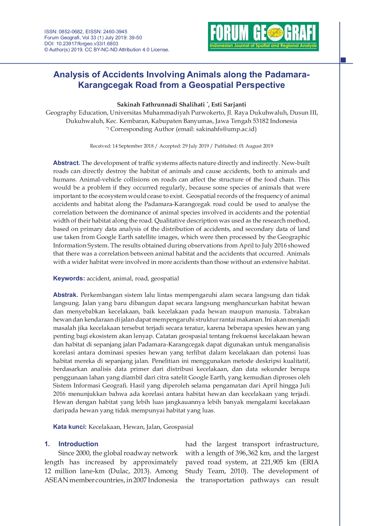 JURIS Analysis of Animal Accidents along the Road of Padamara Karangcegak in Geospatial Perspective