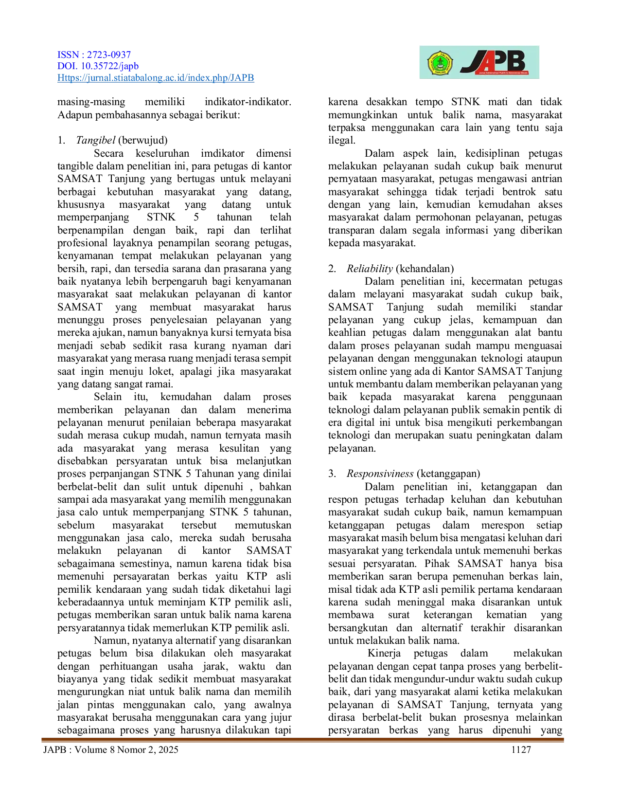 JURIS Analisis Pelayanan Perpanjangan Surat Tanda Nomor Kendaraan STNK Daftar Ulang 5 Tahunan