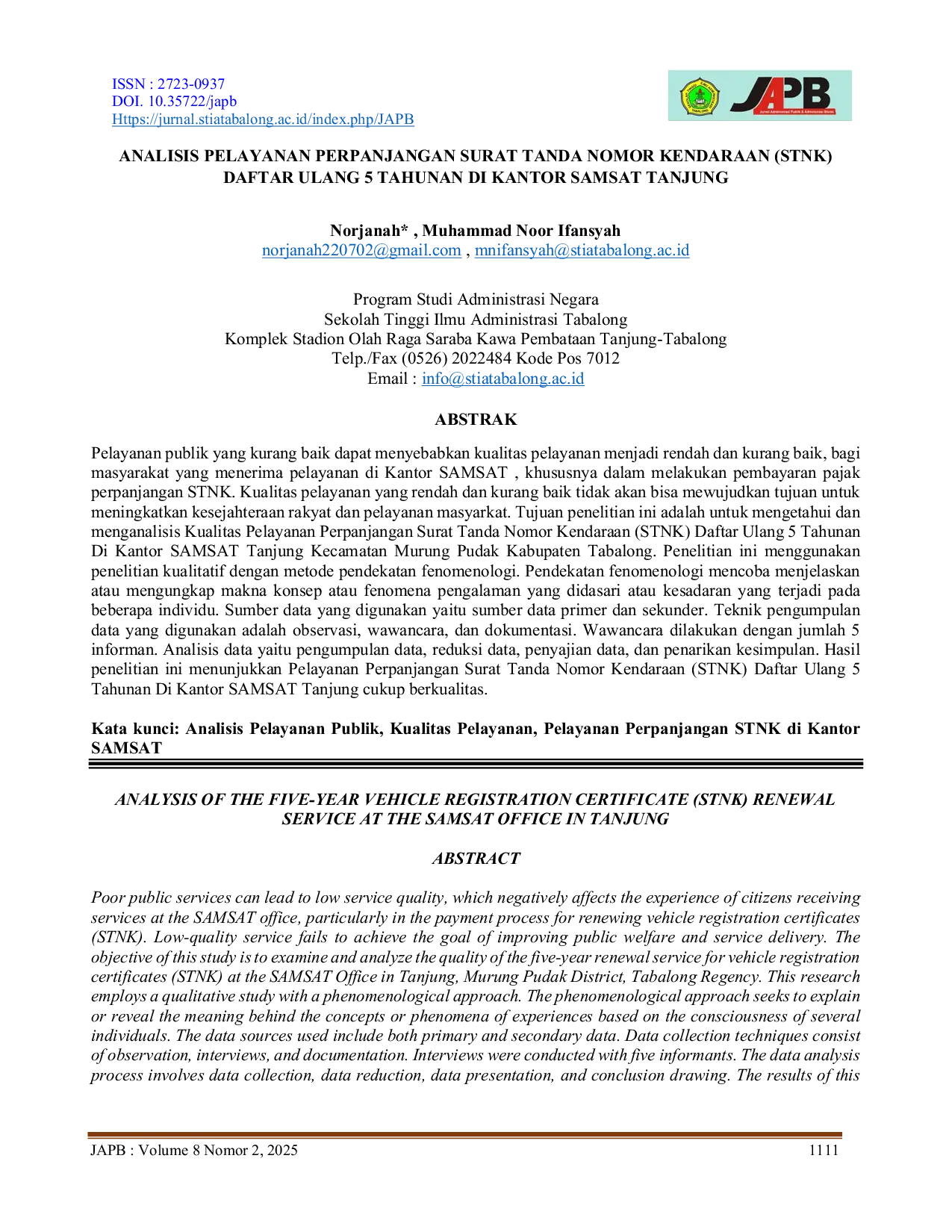 JURIS Analisis Pelayanan Perpanjangan Surat Tanda Nomor Kendaraan STNK Daftar Ulang 5 Tahunan