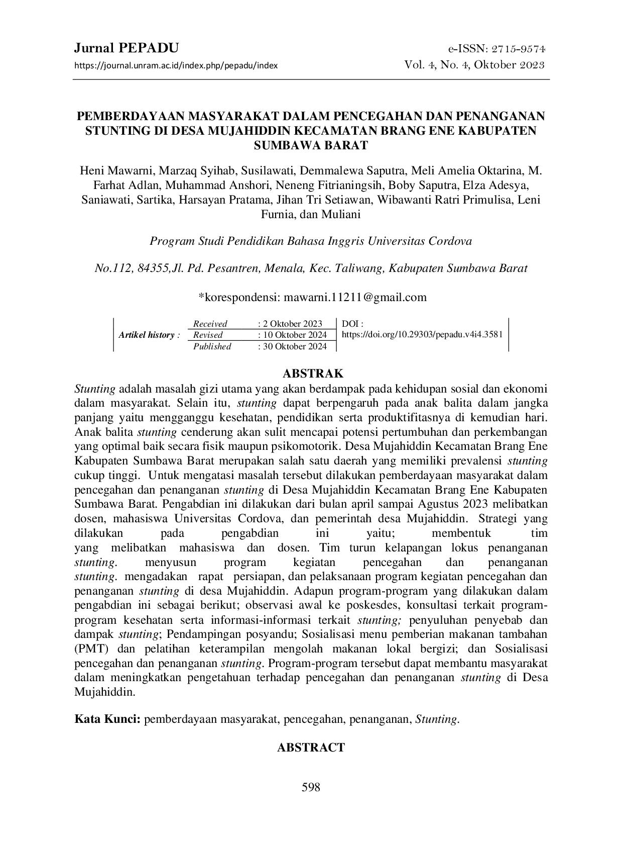 JURIS Pemberdayaan Masyarakat Dalam Pencegahan dan Penanganan Stunting di Desa Mujahiddin Kecamatan Brang Ene Kabupaten Sumbawa Barat