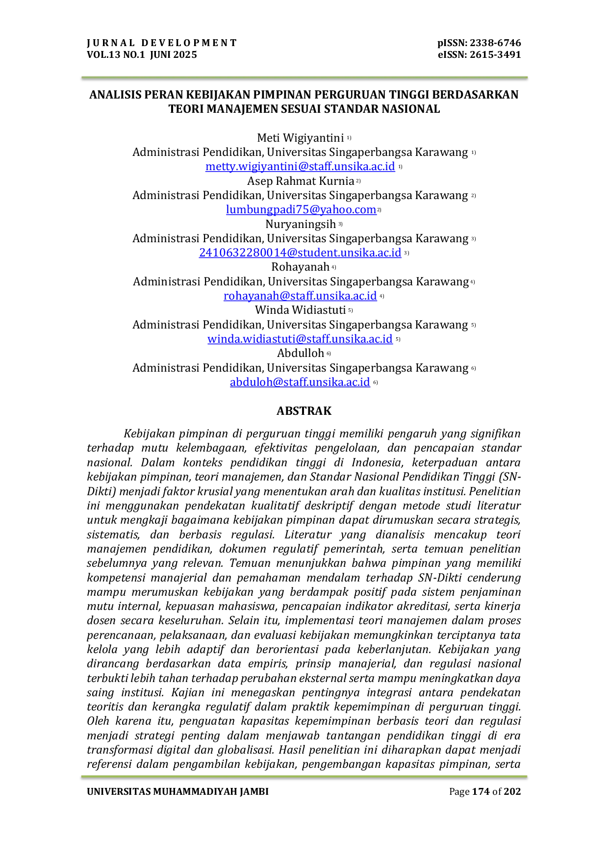 JURIS Analisis Peran Kebijakan Pimpinan Perguruan Tinggi Berdasarkan Teori Manajemen Sesuai Standar Nasional