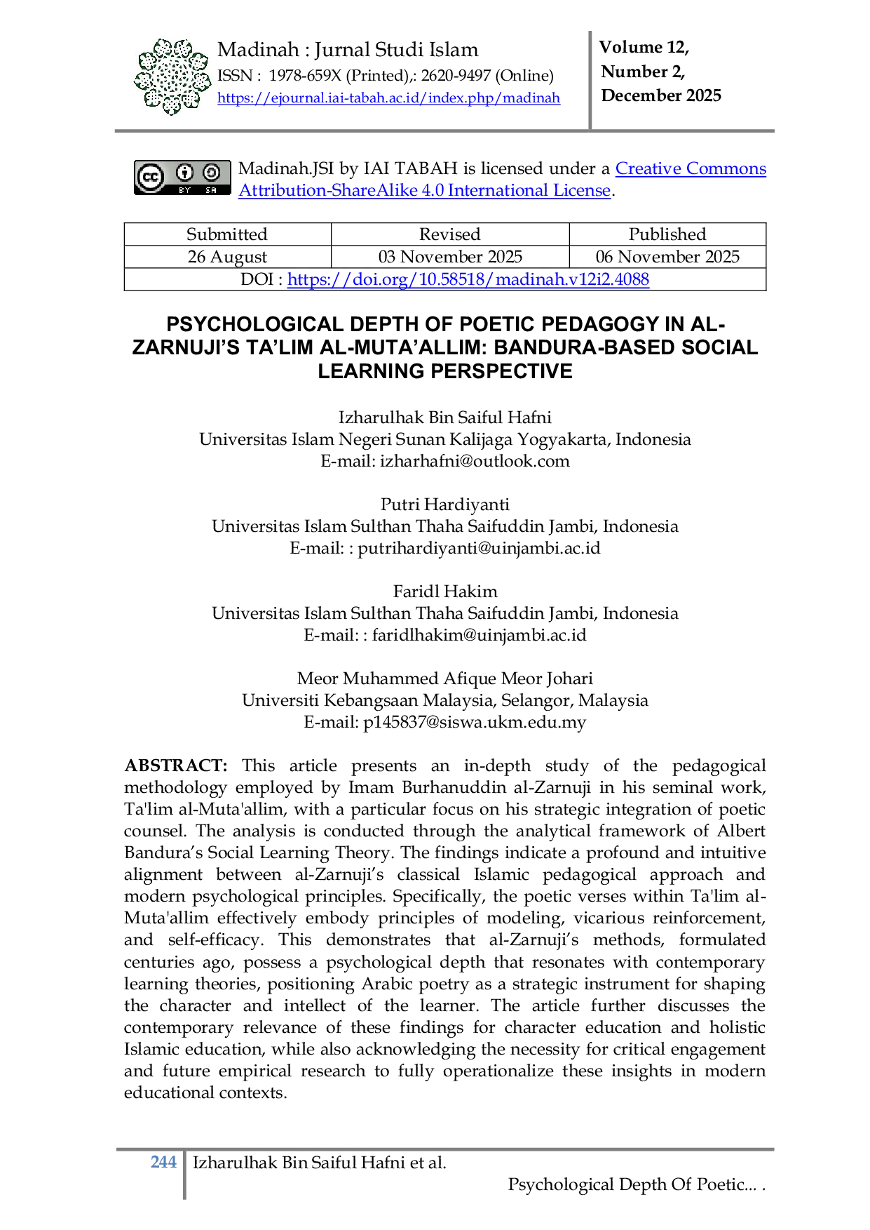 JURIS Psychological Depth of Poetic Pedagogy in Al Zarnuji s Ta lim Al Muta allim Bandura Based Social Learning Perspective