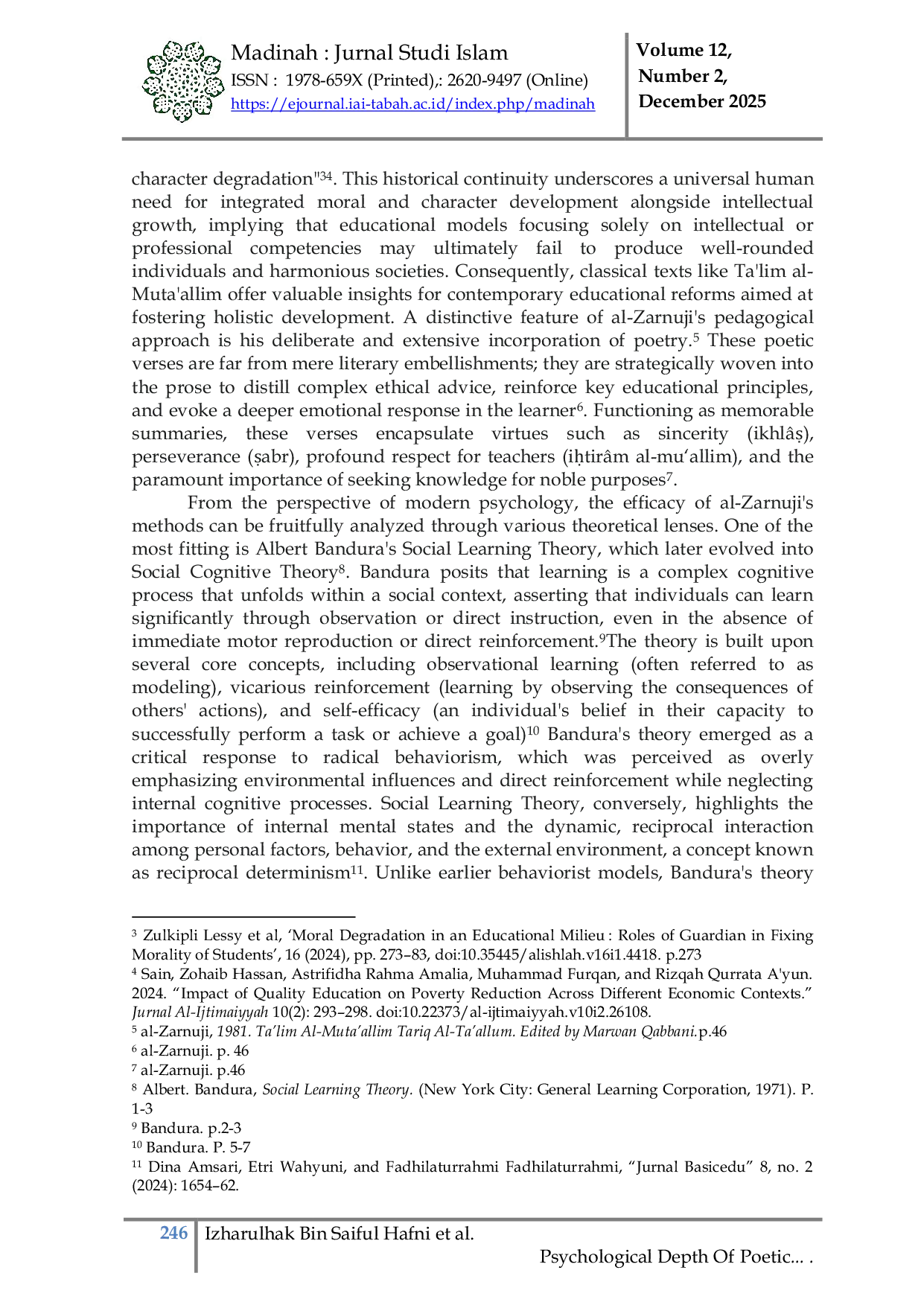JURIS Psychological Depth of Poetic Pedagogy in Al Zarnuji s Ta lim Al Muta allim Bandura Based Social Learning Perspective