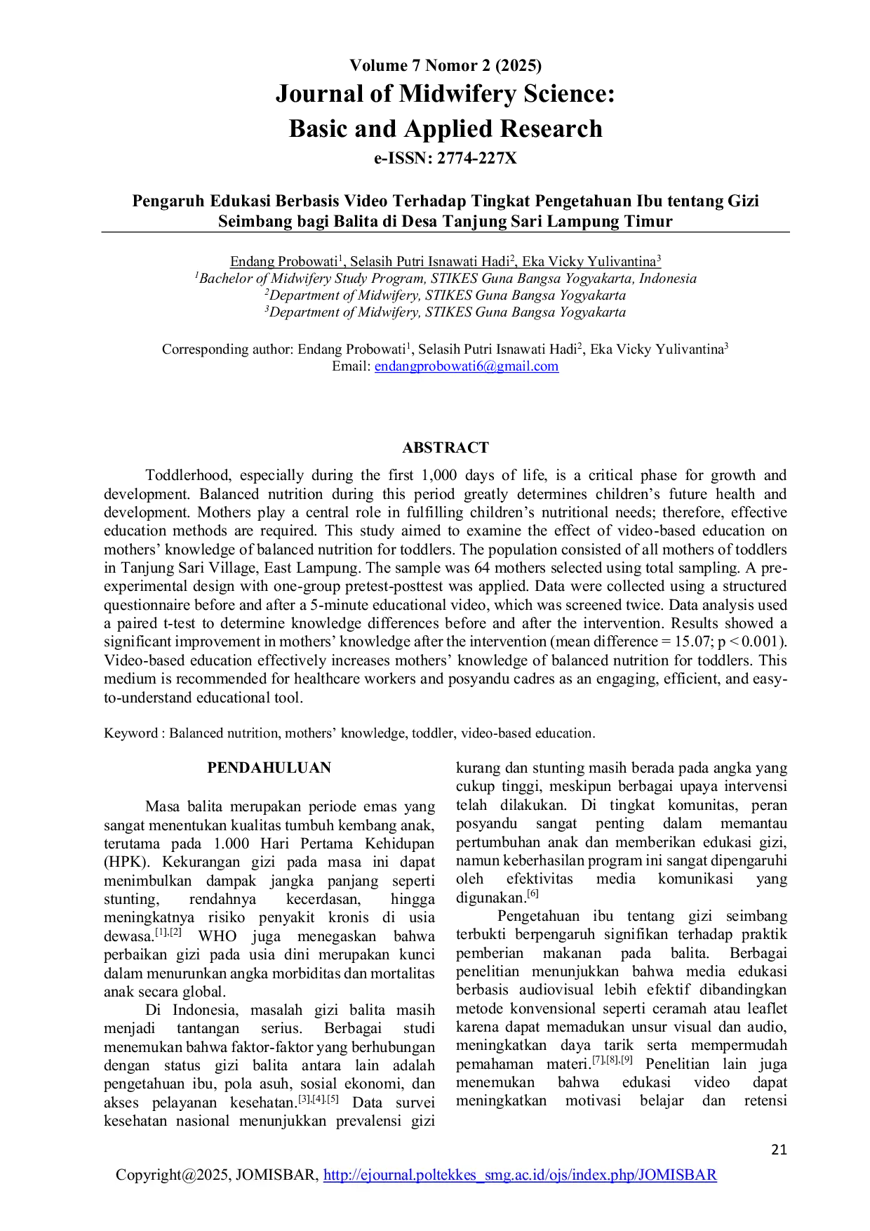 JURIS Pengaruh Edukasi Berbasis Video Terhadap Tingkat Pengetahuan Ibu tentang Gizi Seimbang bagi Balita di Desa Tanjung Sari Lampung Timur