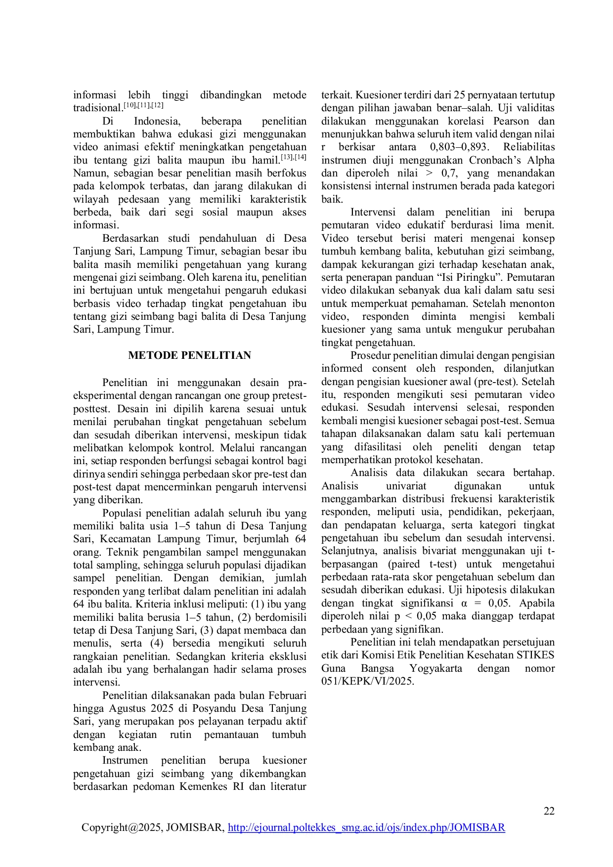 JURIS Pengaruh Edukasi Berbasis Video Terhadap Tingkat Pengetahuan Ibu tentang Gizi Seimbang bagi Balita di Desa Tanjung Sari Lampung Timur