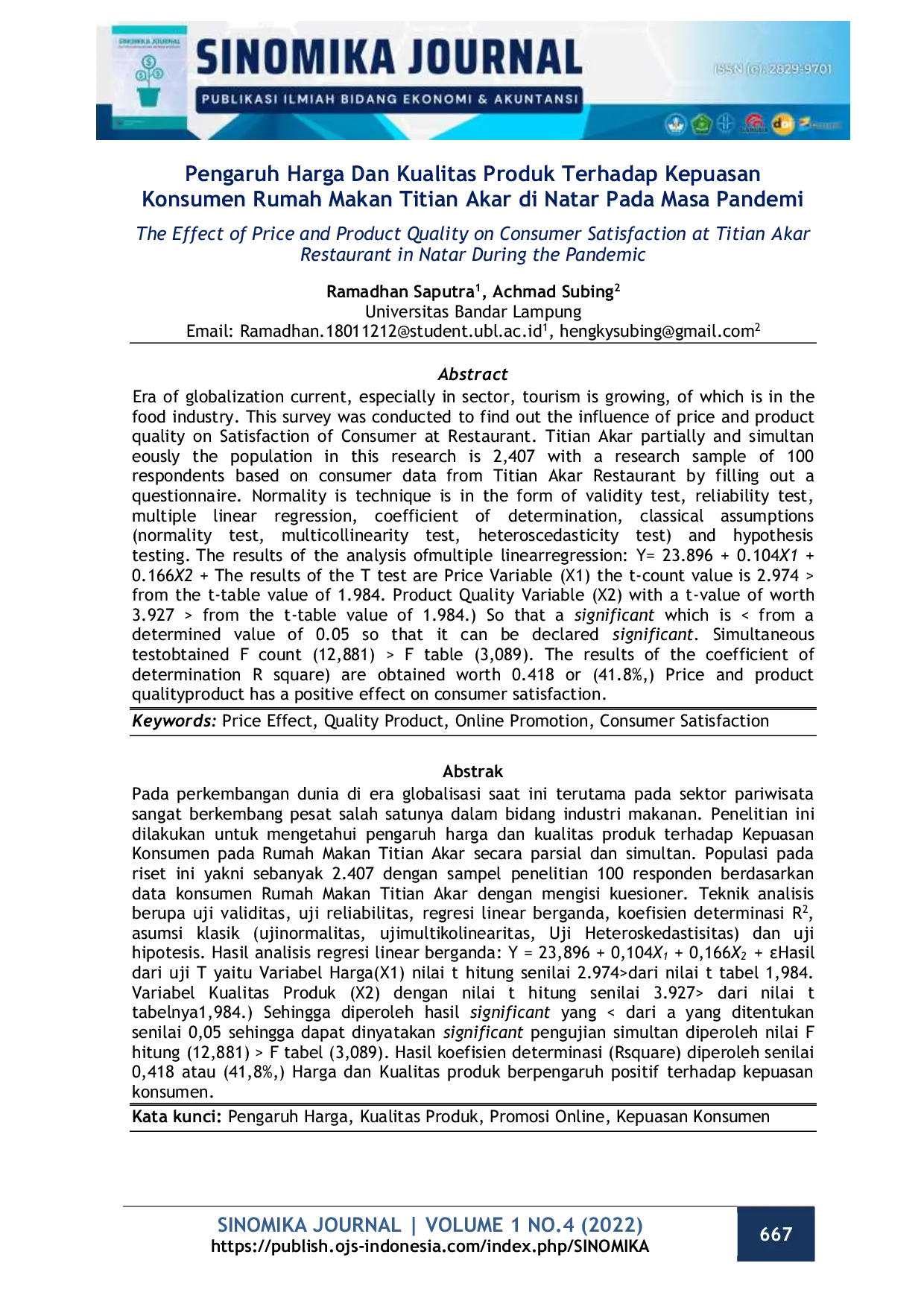 JURIS Pengaruh Harga Dan Kualitas Produk Terhadap Kepuasan Konsumen Rumah Makan Titian Akar di Natar Pada Masa Pandemi
