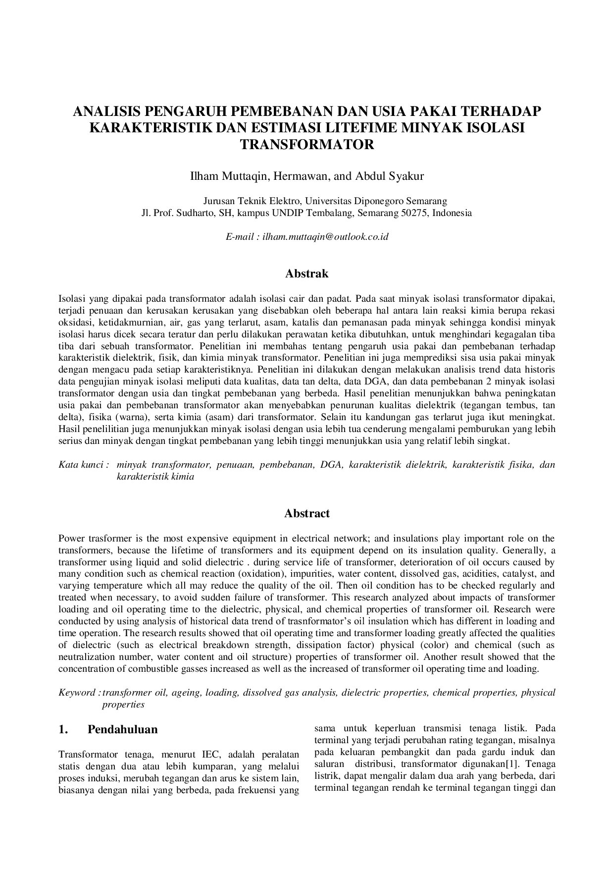 JURIS Analisis Pengaruh Bebeban dan Usia Pakai Terhadap Karakteristik dan Estimasi Lifetime Minyak Isolasi Transformator