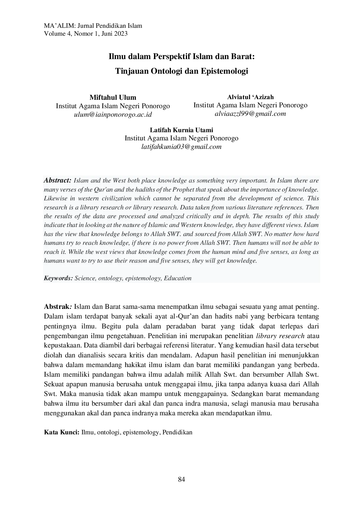 JURIS Ilmu dalam Perspektif Islam dan Barat Tinjauan Ontologi dan Epistemologi