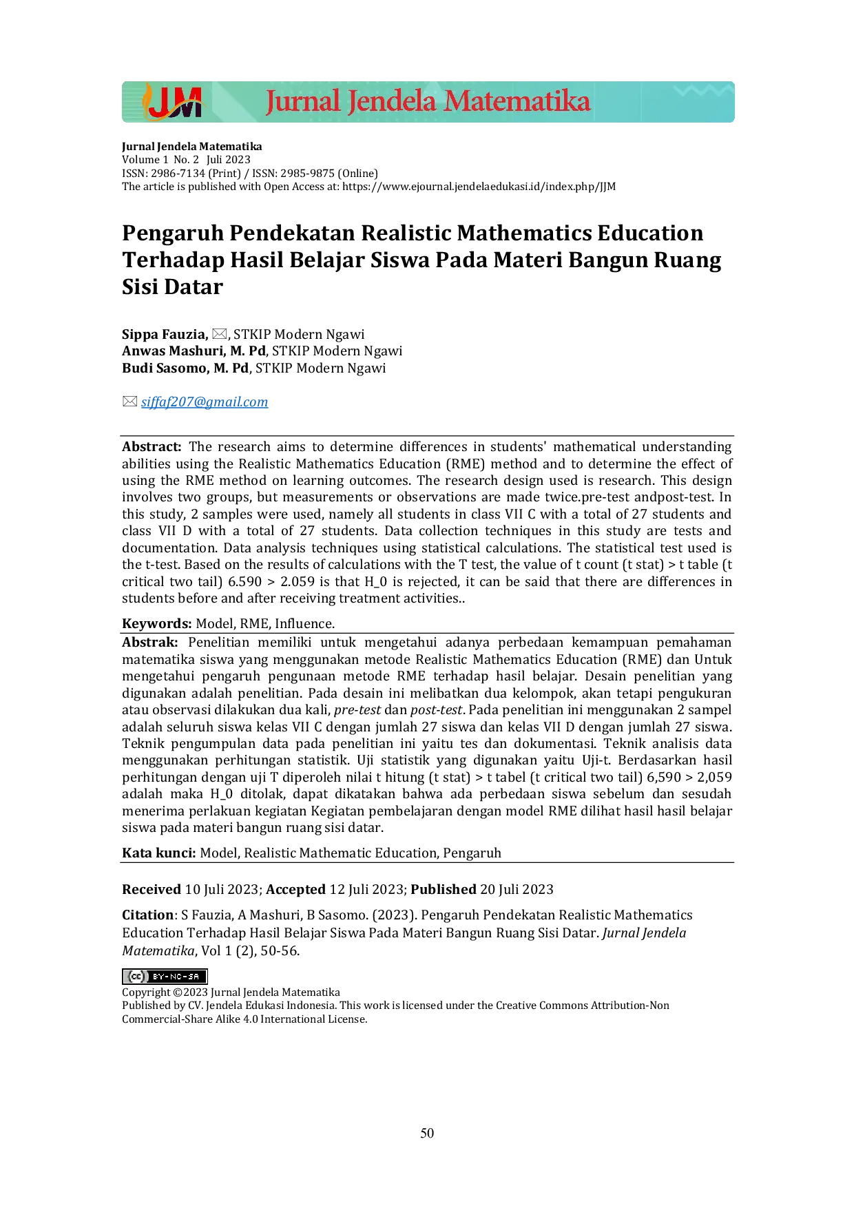JURIS Pengaruh Pendekatan Realistic Mathematics Education Terhadap Hasil Belajar Siswa Pada Materi Bangun Ruang Sisi Datar