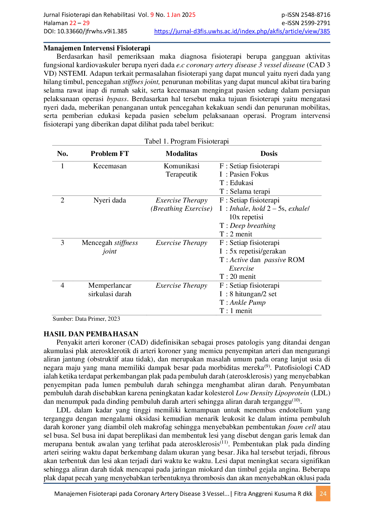 JURIS Manajemen Fisioterapi pada Coronary Artery Disease 3 Vessel Disease CAD 3 VD NSTEMI Pre Operasi CABG