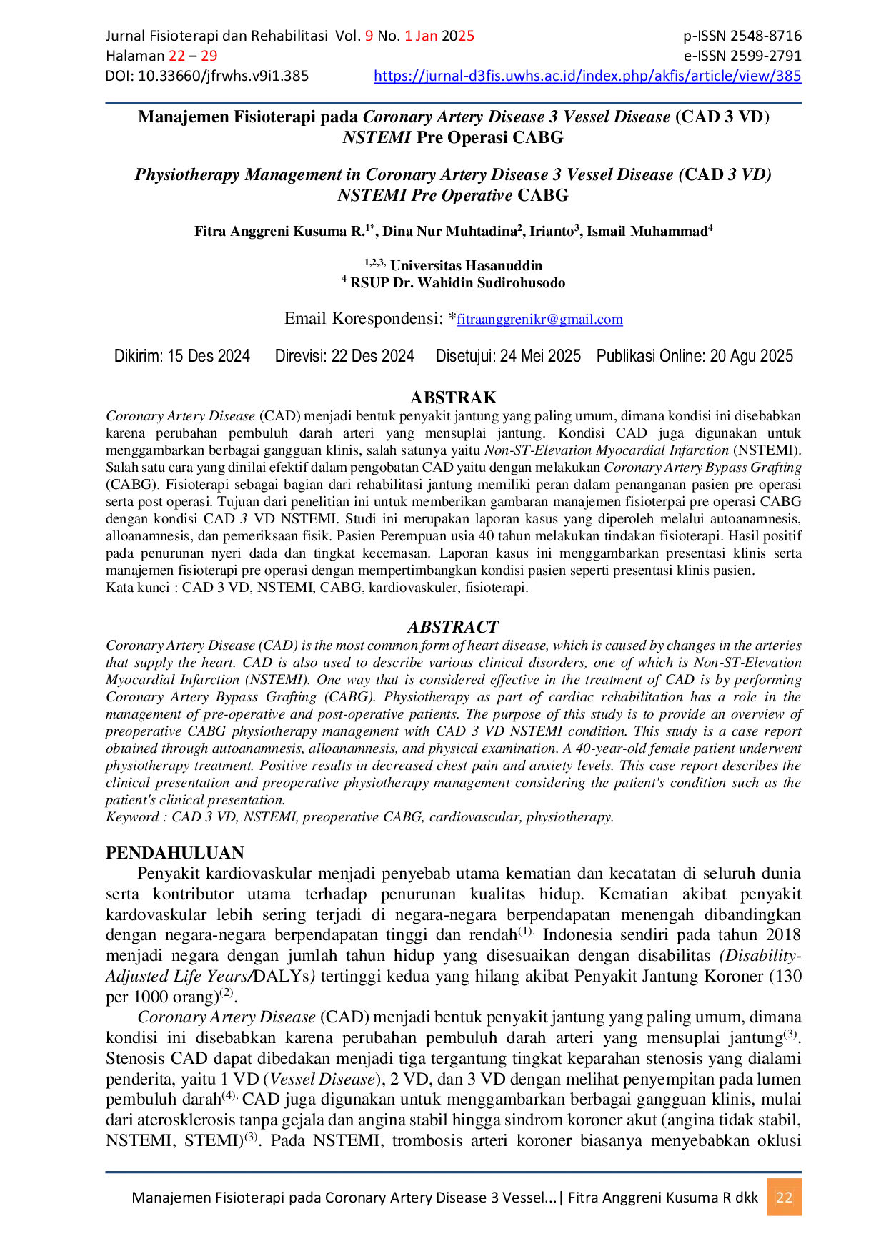 JURIS Manajemen Fisioterapi pada Coronary Artery Disease 3 Vessel Disease CAD 3 VD NSTEMI Pre Operasi CABG