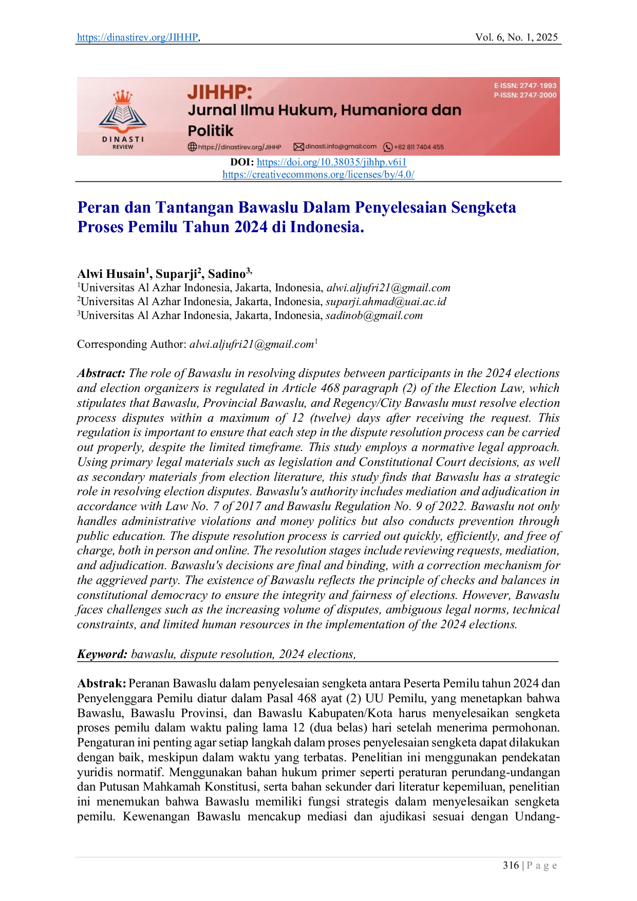 JURIS Peran dan Tantangan Bawaslu Dalam Penyelesaian Sengketa Proses Pemilu Tahun 2024 di Indonesia