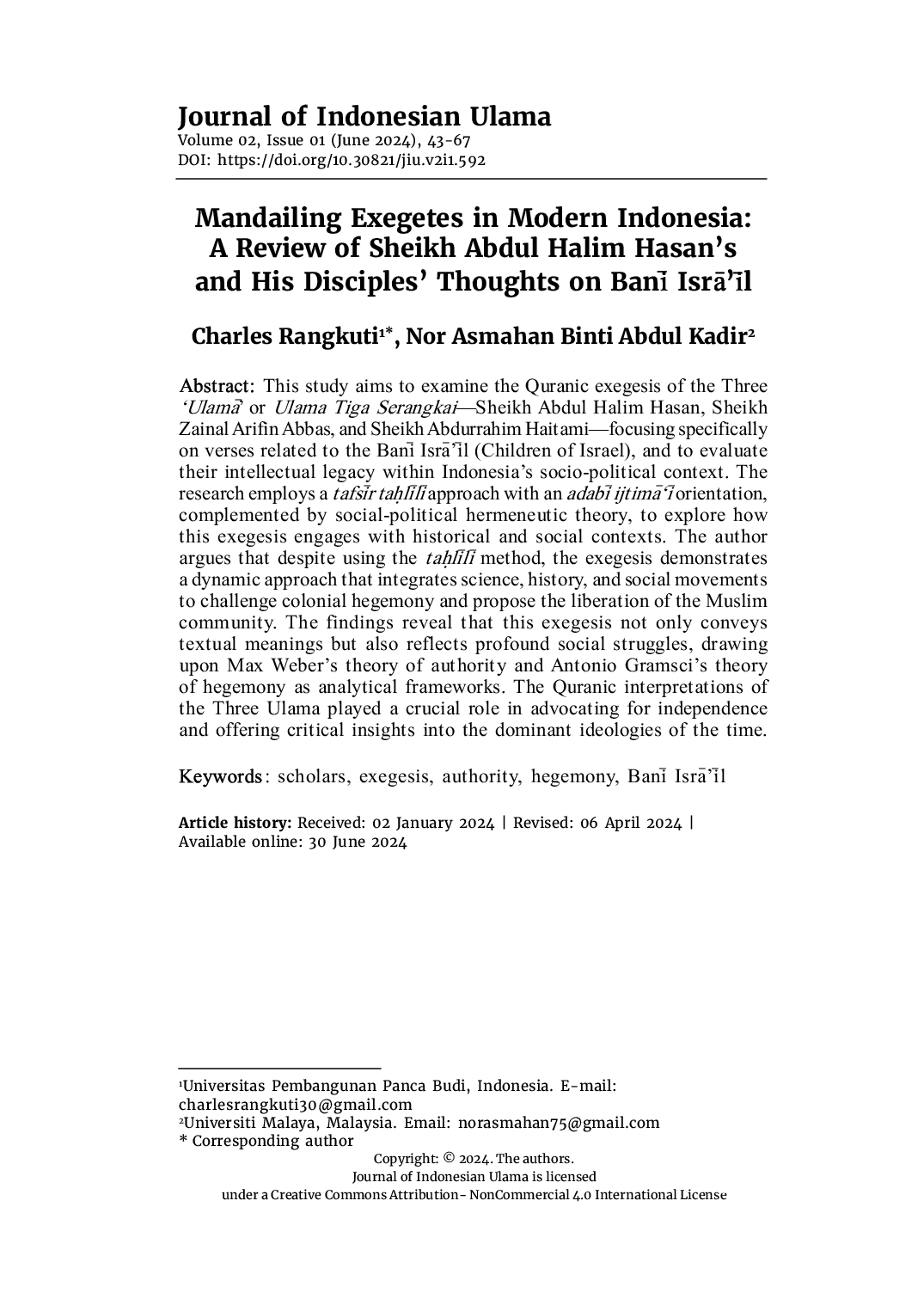 JURIS Mandailing Exegetes in Modern Indonesia A Review of Sheikh Abdul Halim Hasan s and His Disciples Thoughts on Bani Isra il