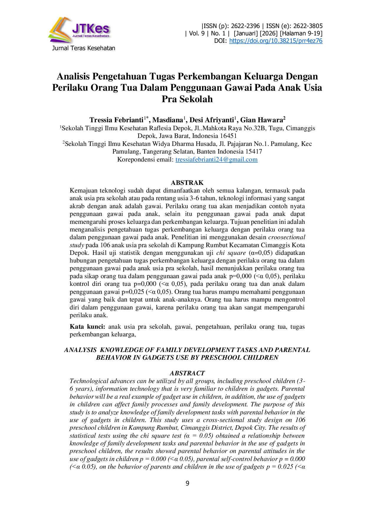 JURIS Analisis Pengetahuan Tugas Perkembangan Keluarga Dengan Perilaku Orang Tua Dalam Penggunaan Gawai Pada Anak Usia Pra Sekolah