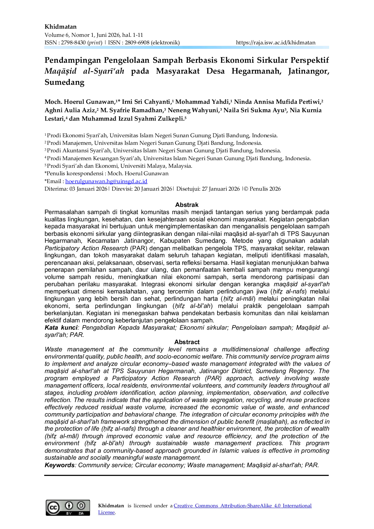 JURIS Pendampingan Pengelolaan Sampah Berbasis Ekonomi Sirkular Perspektif MaqAid al Syar ah pada Masyarakat Desa Hegarmanah Jatinangor Sumedang