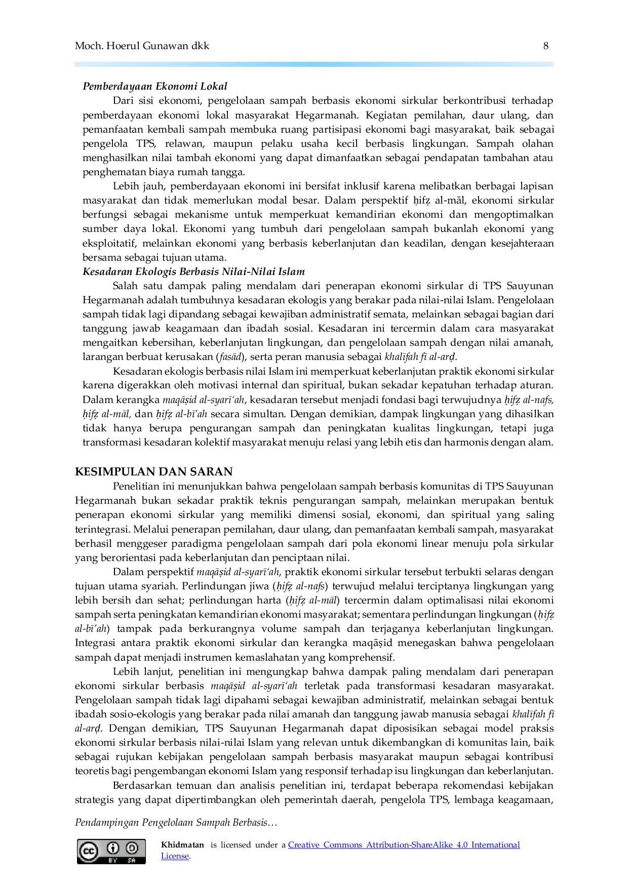 JURIS Pendampingan Pengelolaan Sampah Berbasis Ekonomi Sirkular Perspektif MaqAid al Syar ah pada Masyarakat Desa Hegarmanah Jatinangor Sumedang