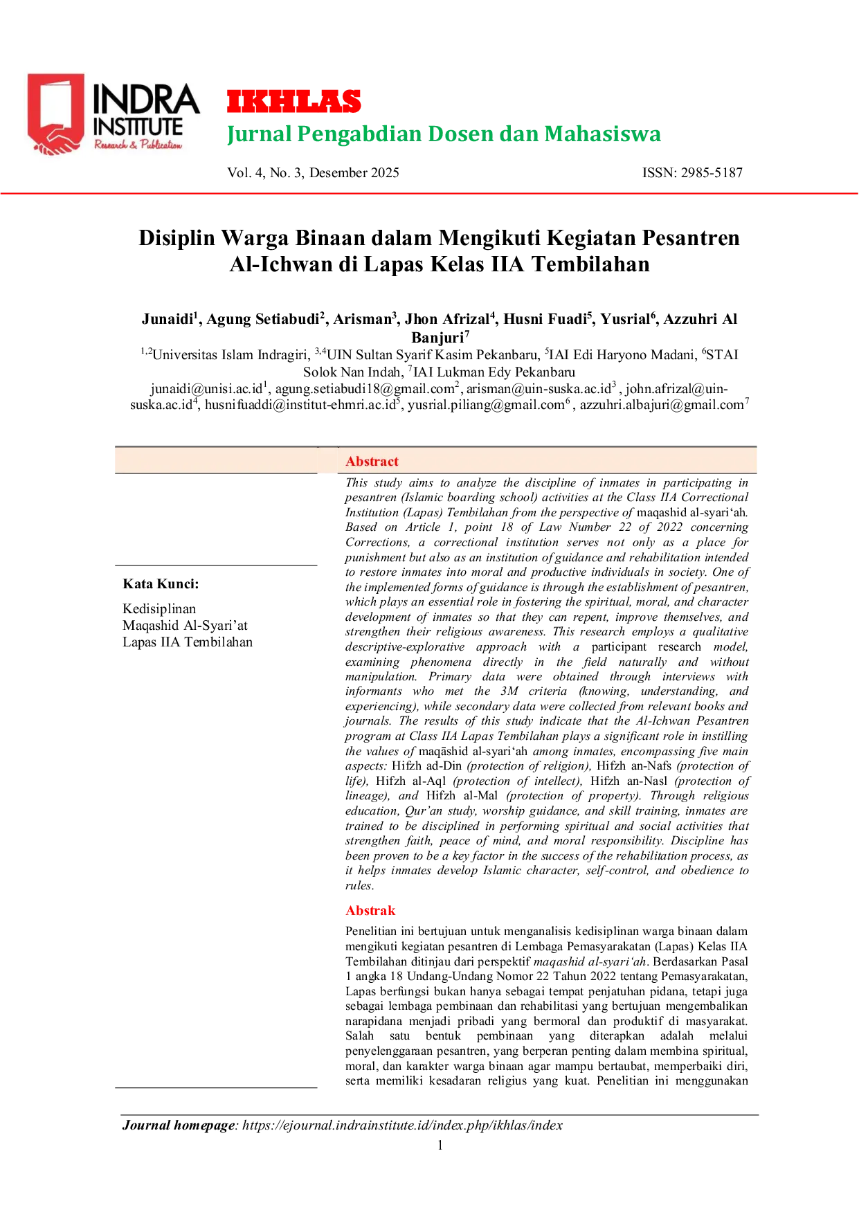 JURIS Disiplin Warga Binaan dalam Mengikuti Kegiatan Pesantren Al Ichwan di Lapas Kelas II A Tembilahan