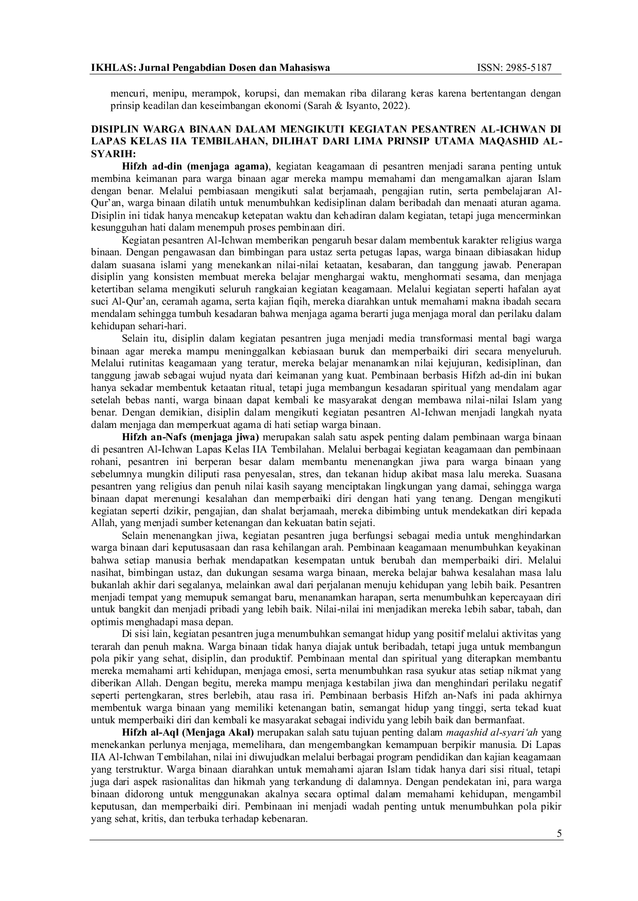 JURIS Disiplin Warga Binaan dalam Mengikuti Kegiatan Pesantren Al Ichwan di Lapas Kelas II A Tembilahan