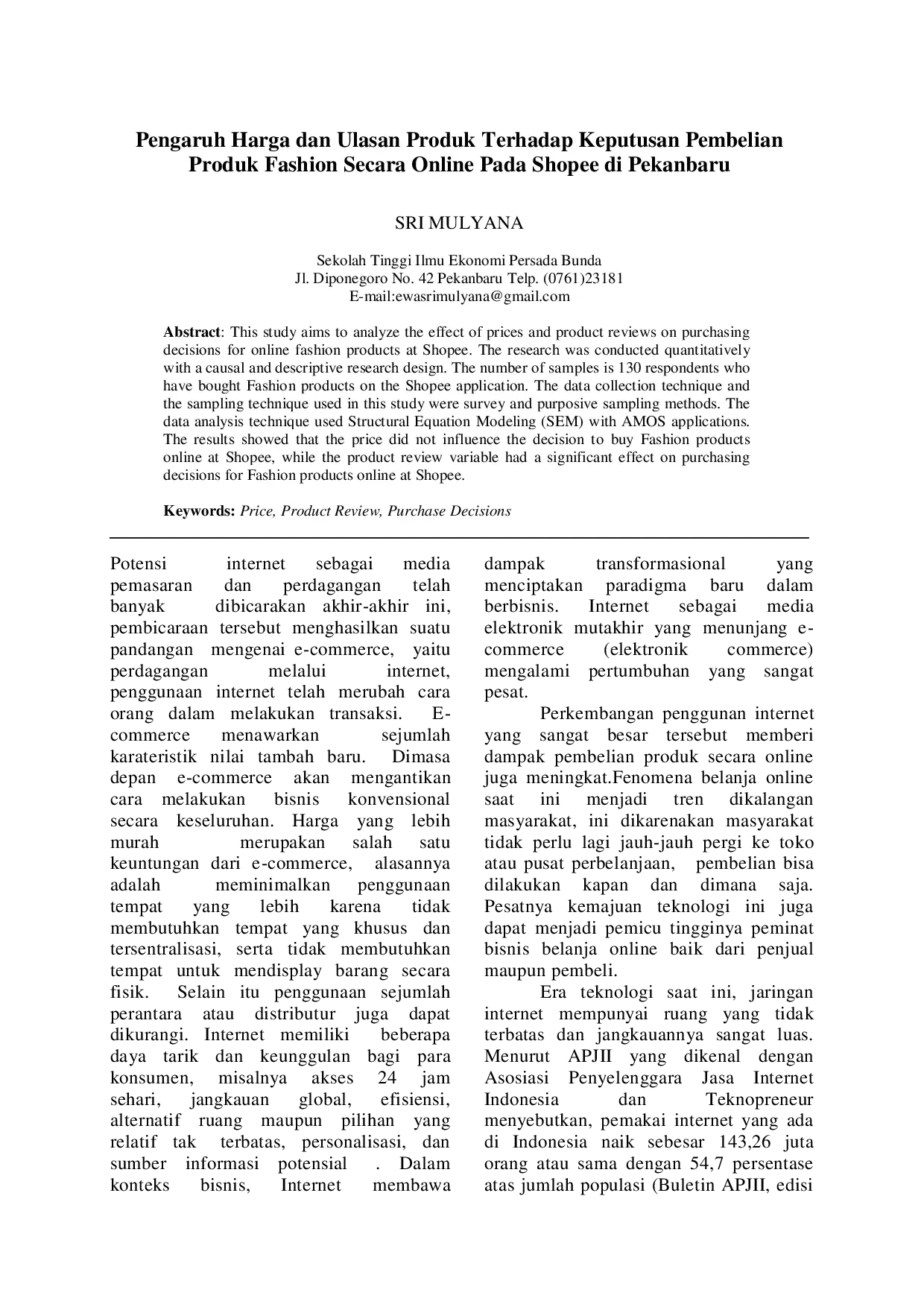 juris Pengaruh Harga Dan Ulasan Produk Terhadap Keputusan Pembelian Produk Fashion Secara Online Pada Shopee Di Pekanbaru