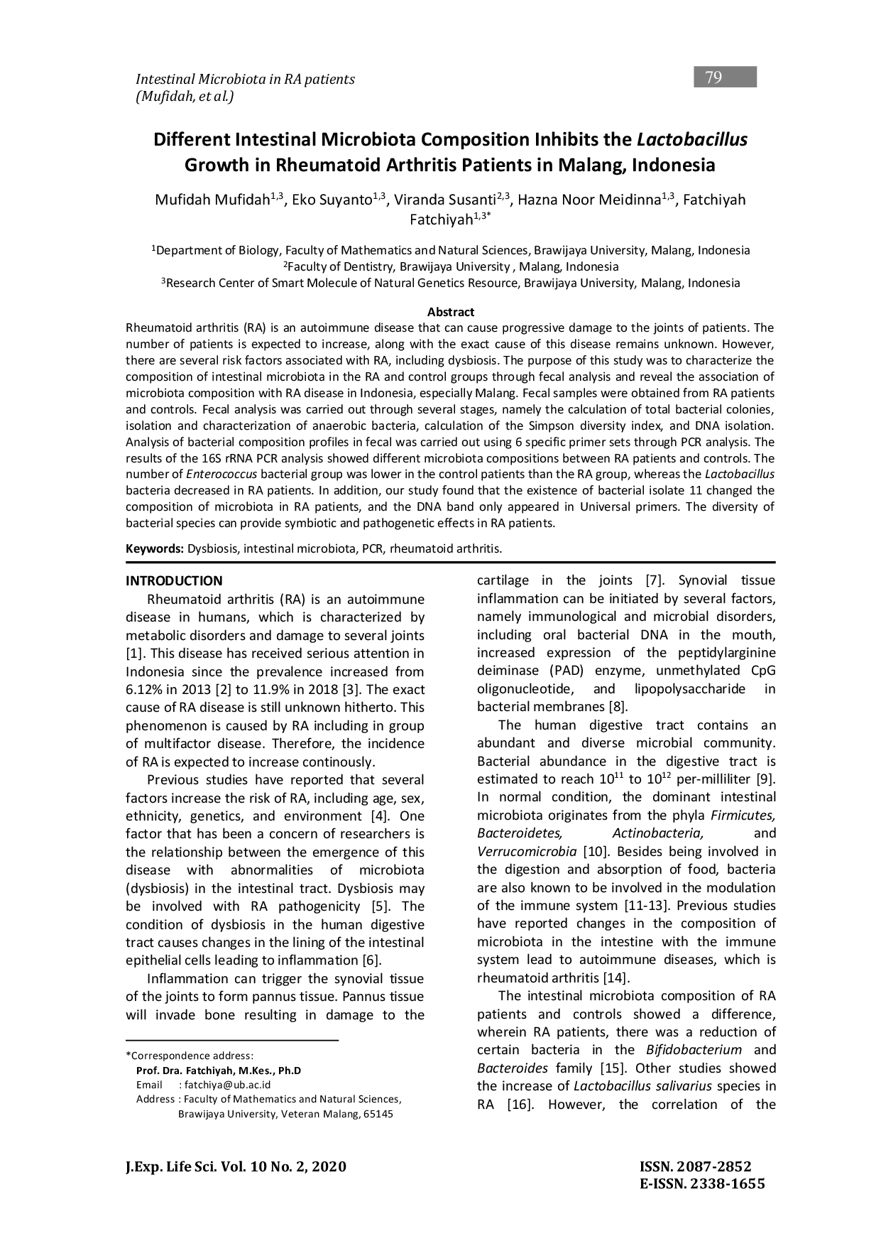 JURIS Differential Intestinal Microbiota Composition Inhibits the Lactobacillus Growth in Rheumatoid Arthritis Patients in Malang Indonesia