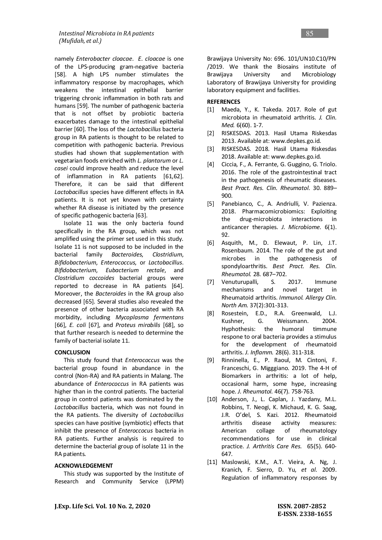 JURIS Differential Intestinal Microbiota Composition Inhibits the Lactobacillus Growth in Rheumatoid Arthritis Patients in Malang Indonesia