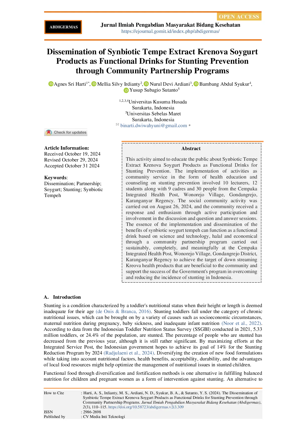 JURIS The Dissemination of Synbiotic Tempe Extract Krenova Soygurt Products as Functional Drinks for Stunting Prevention through Community Partnership Programs