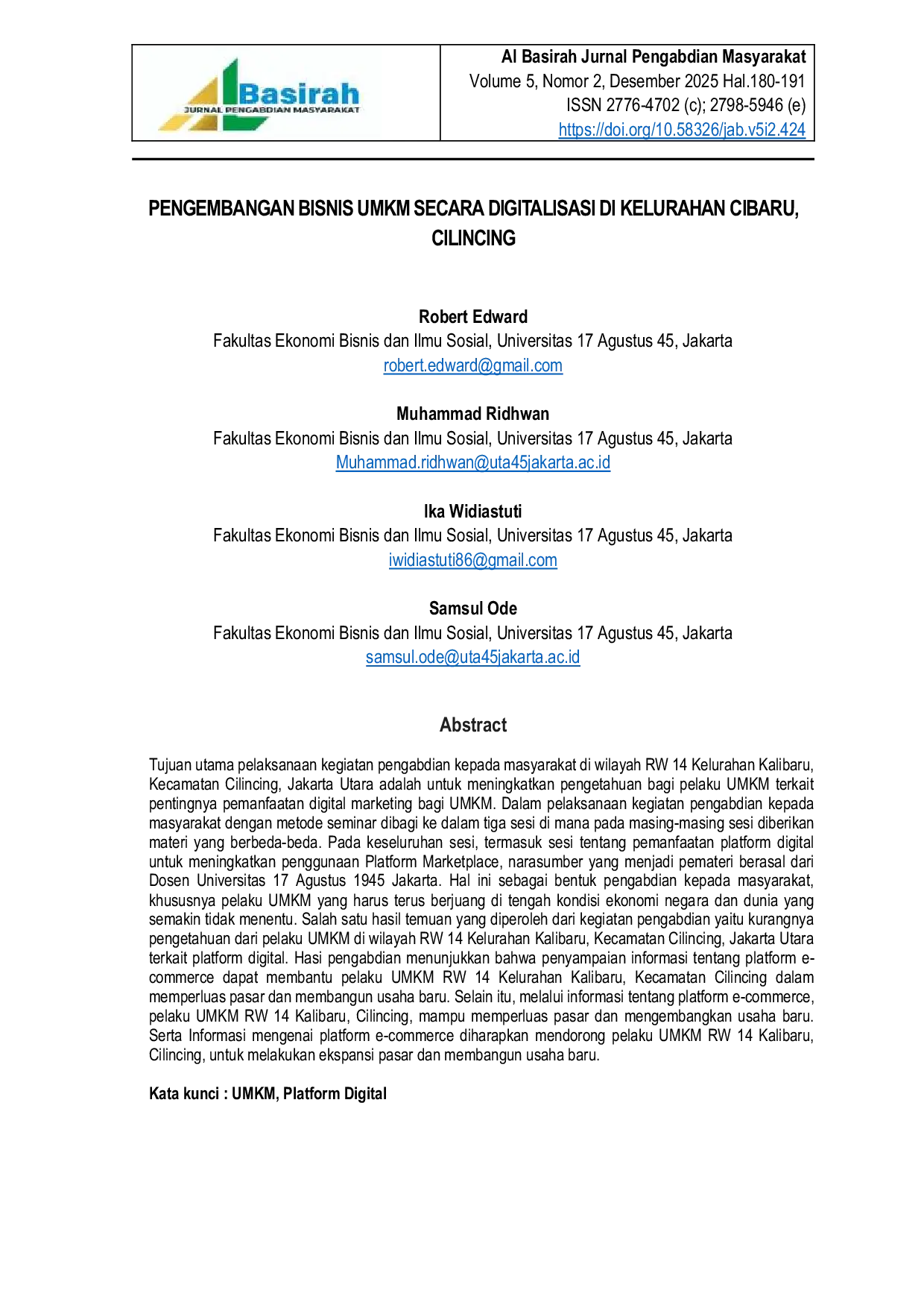 JURIS Pengembangan Bisnis Umkm Secara Digitalisasi Di Kelurahan Cibaru Cilincing