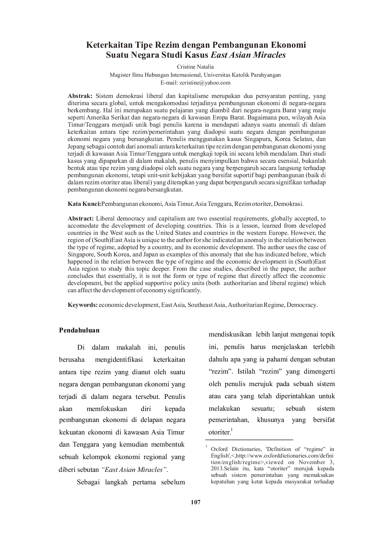 juris Keterkaitan Tipe Rezim dengan Pembangunan Ekonomi Suatu Negara Studi Kasus East Asian Miracles