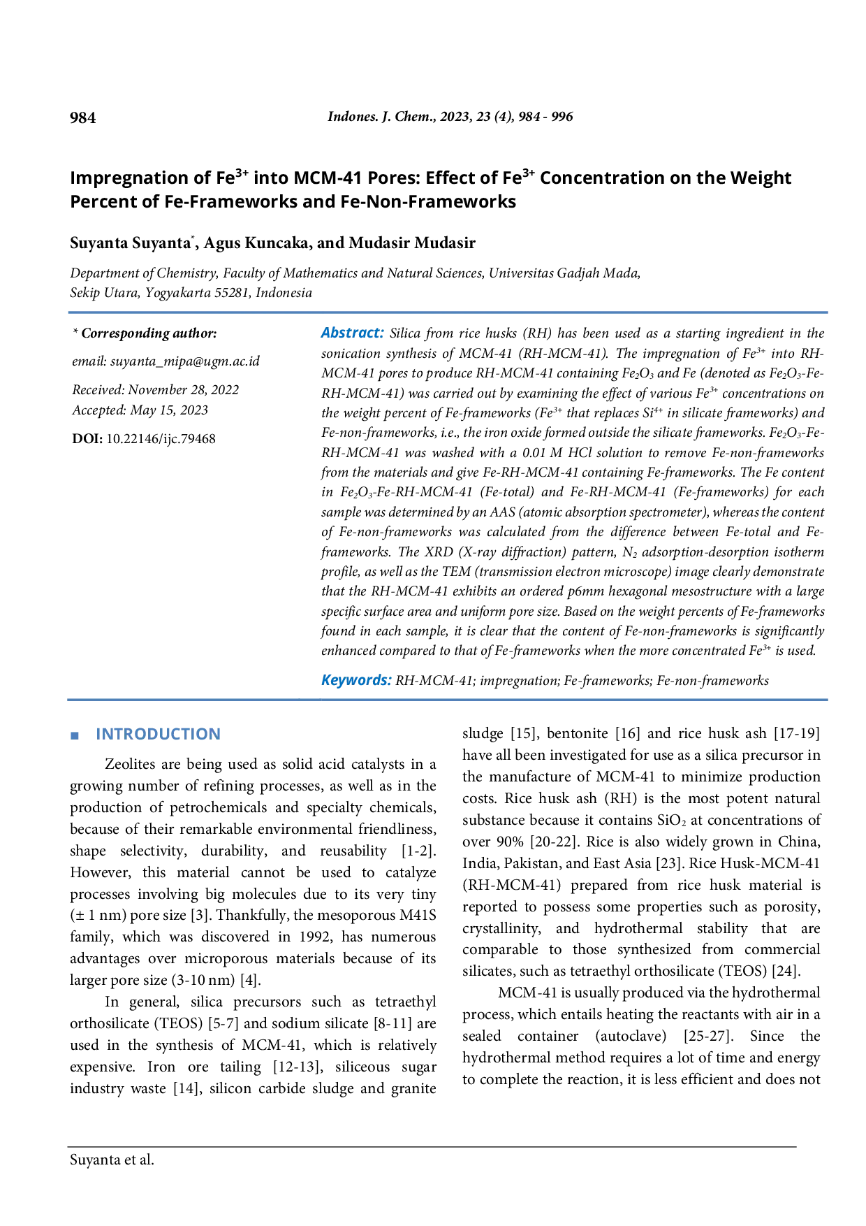 JURIS Impregnation of Fe 3 into MCM 41 Pores Effect of Fe 3 Concentration on the Weight Percent of Fe Frameworks and Fe Non Frameworks