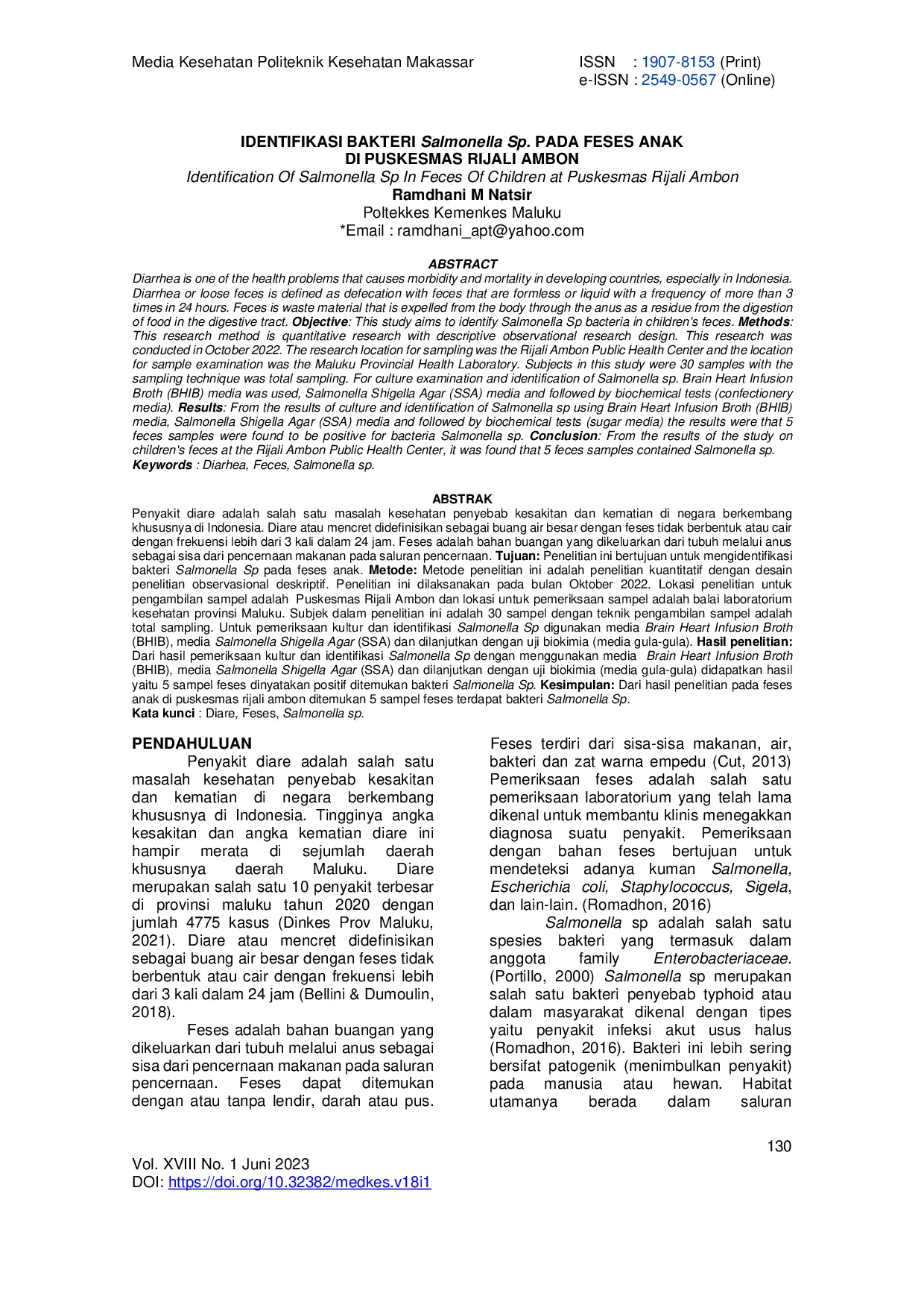 JURIS IDENTIFIKASI BAKTERI Salmonella Sp PADA FESES ANAK DI PUSKESMAS RIJALI AMBON