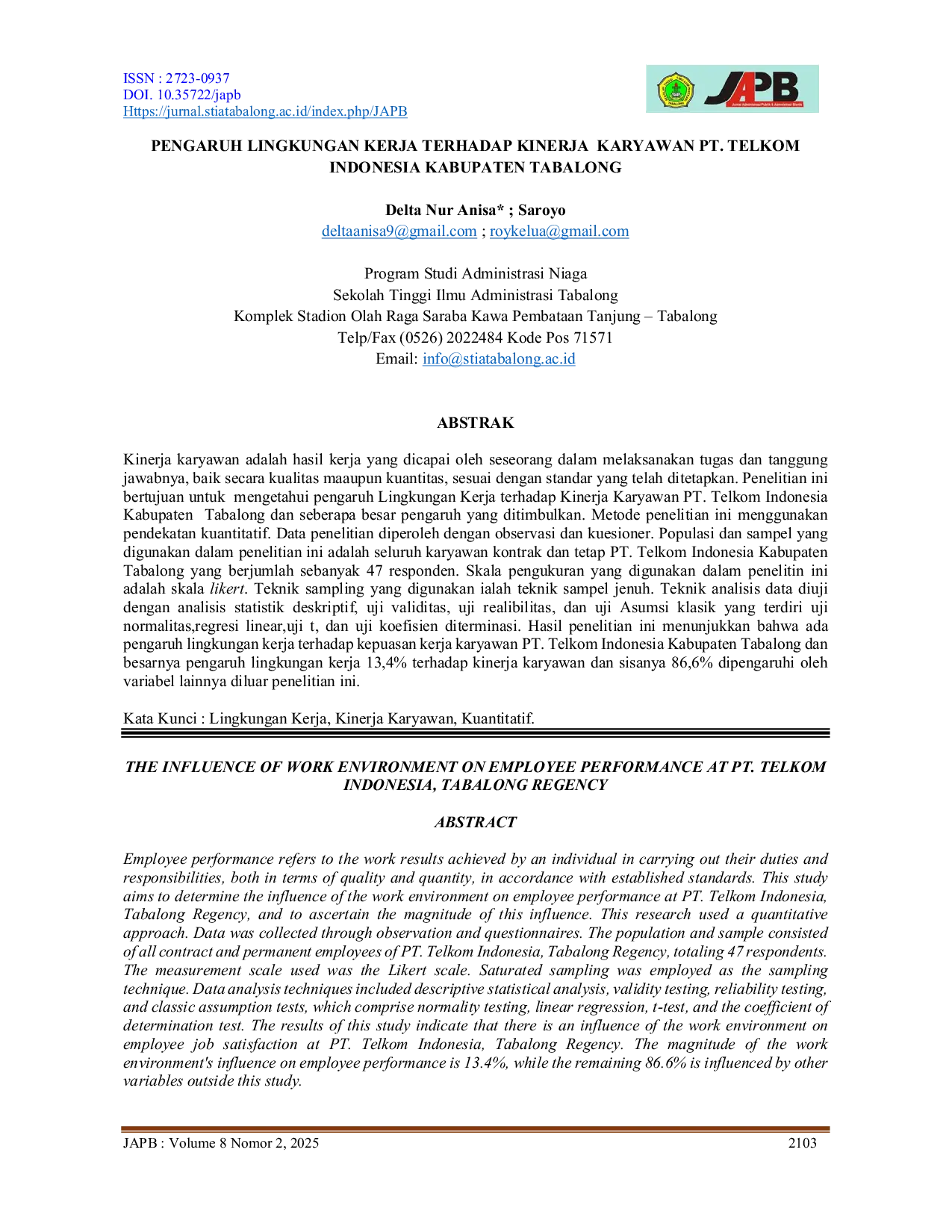 JURIS Pengaruh Lingkungan Kerja Terhadap Kinerja Karyawan PT Telkom Indonesia Kabupaten Tabalong