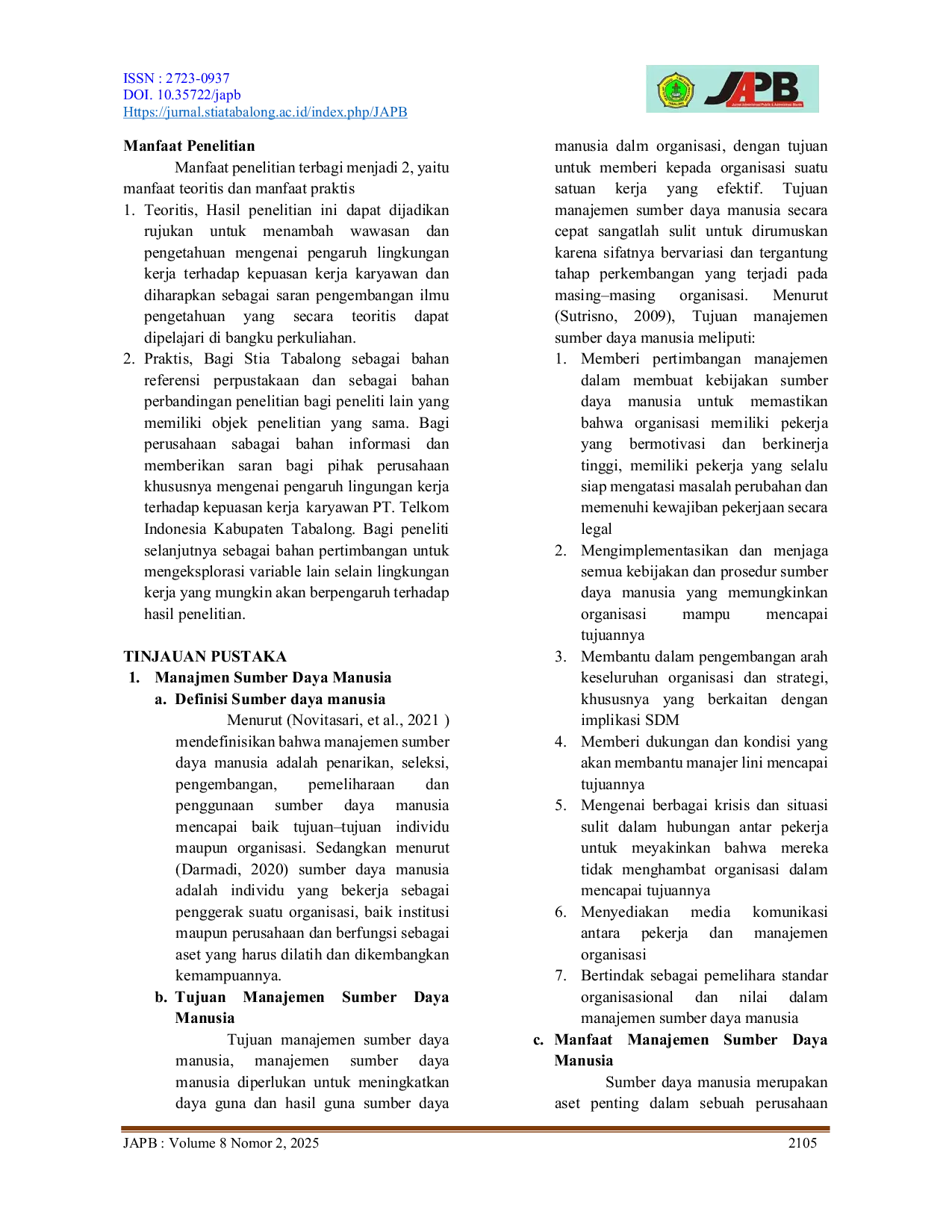 JURIS Pengaruh Lingkungan Kerja Terhadap Kinerja Karyawan PT Telkom Indonesia Kabupaten Tabalong