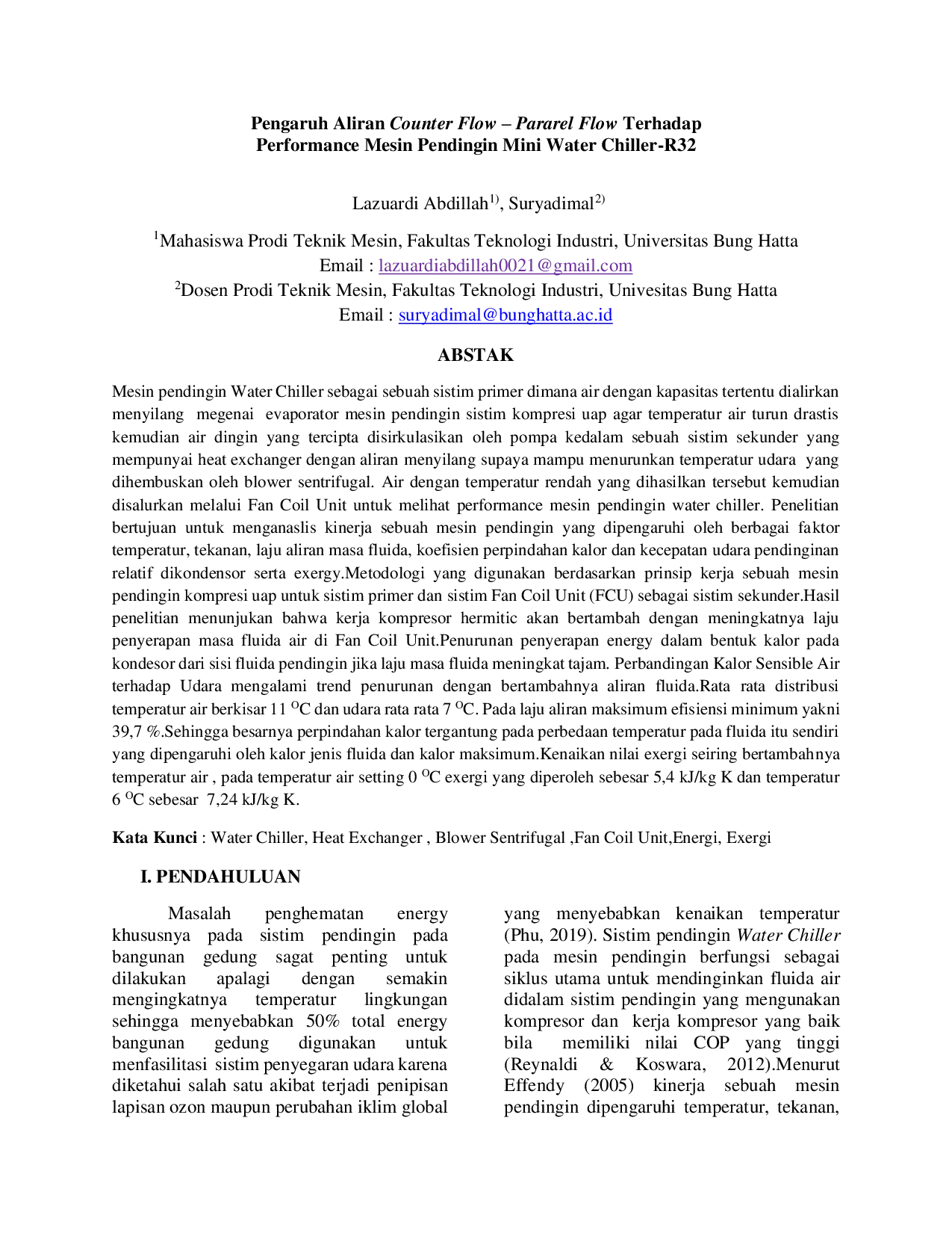 JURIS Pengaruh Aliran Counter Flow Pararel Flow Terhadap Performance Mesin Pendingin Mini Water Chiller R32